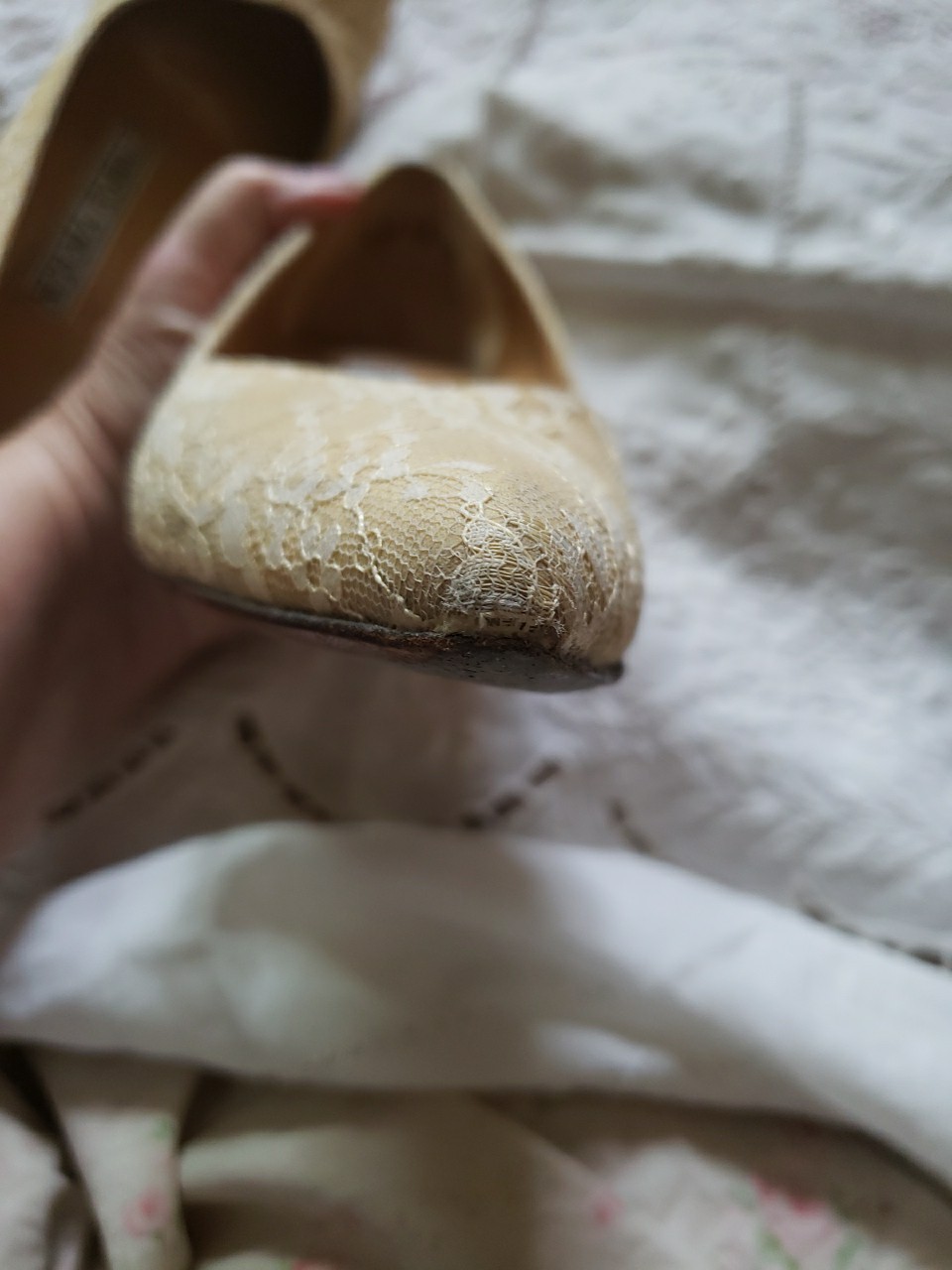 Vintage Norma Kamali Low Heel Pump, Light Yellow, Lace Covered, Sz 6 1/2 Women’s