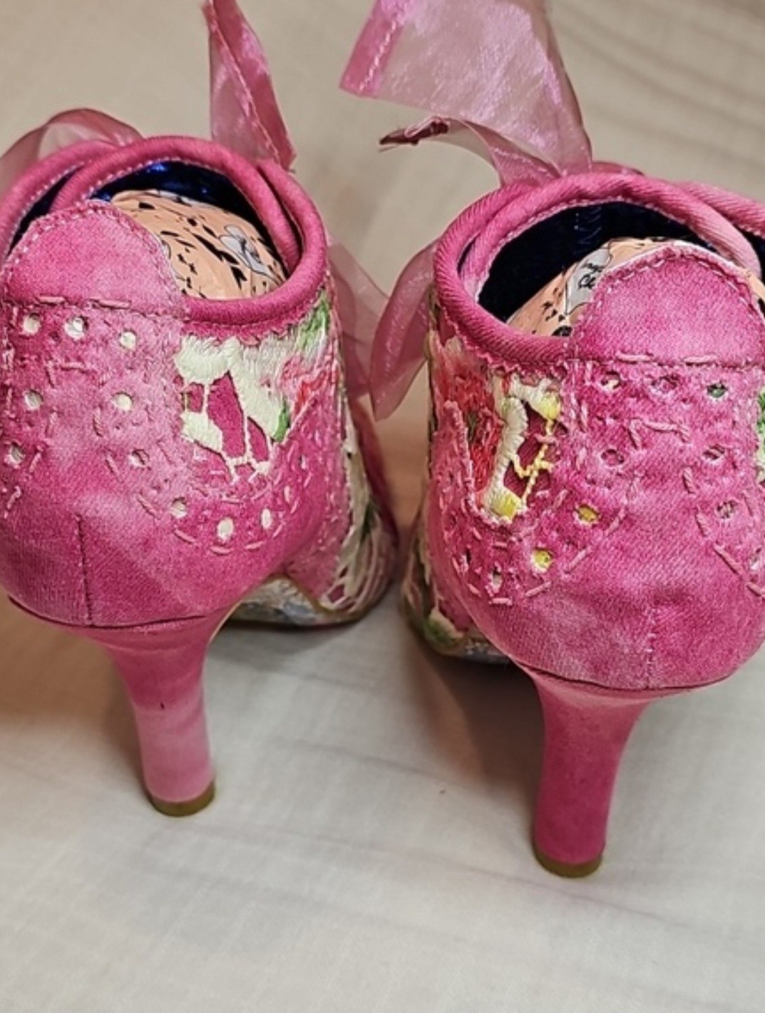 Irregular Choice Abigail’s Third Party Pink Floral Lace Denim Bootie Heels, US 5