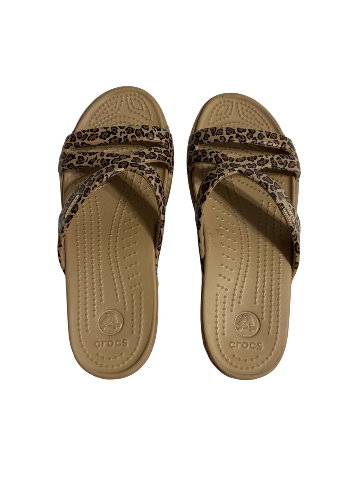 Leopard Print Crocs Womens Sandals Size 7 Beige Slip-On Slides