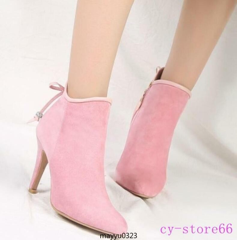 Women‘s Ankle Boots Bowtie High Stiletto Heel Pointy Toe Suede Shoes Plus Sz