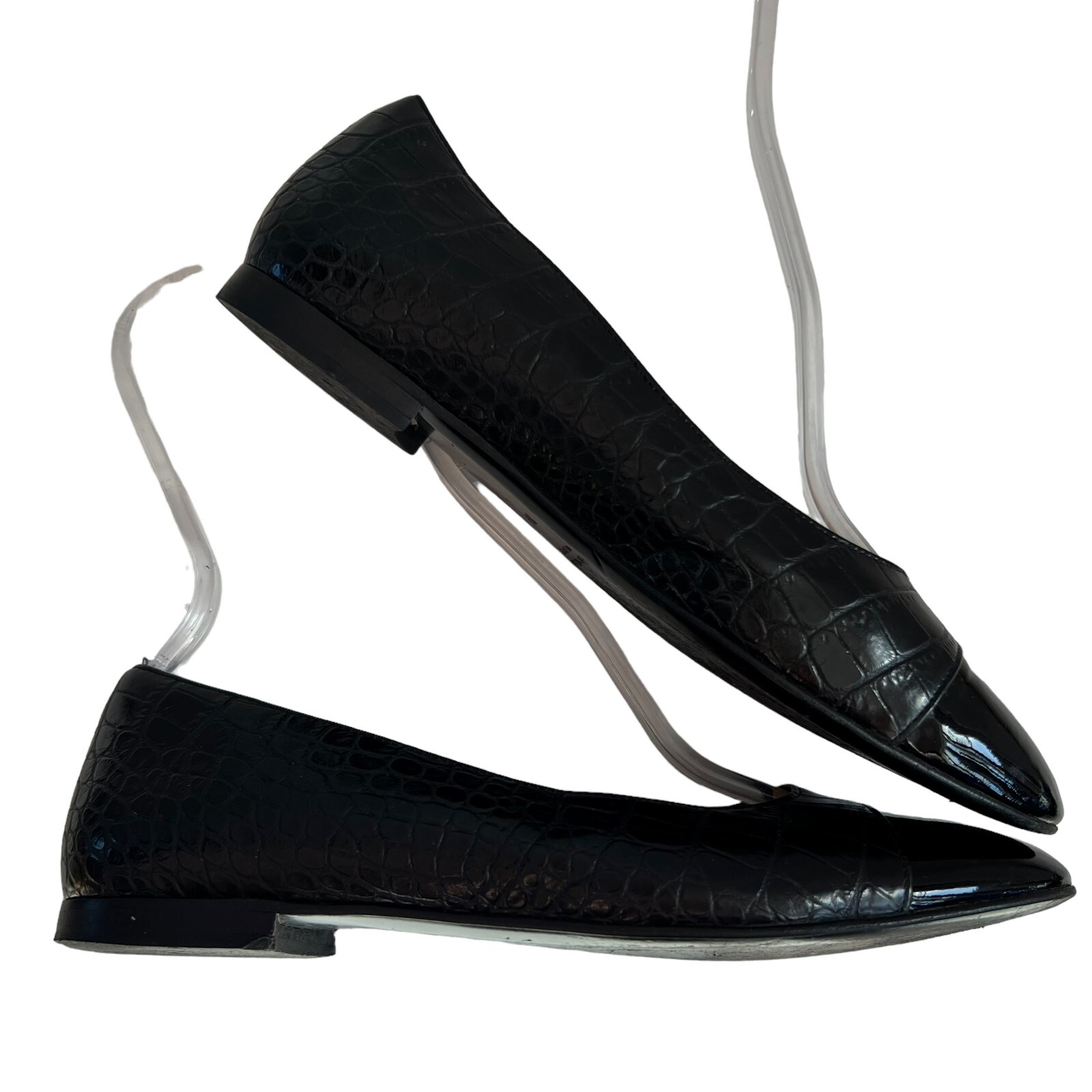 Russell & Bromley flats 39 8 black leather cap toe croc embossed slip on shoes