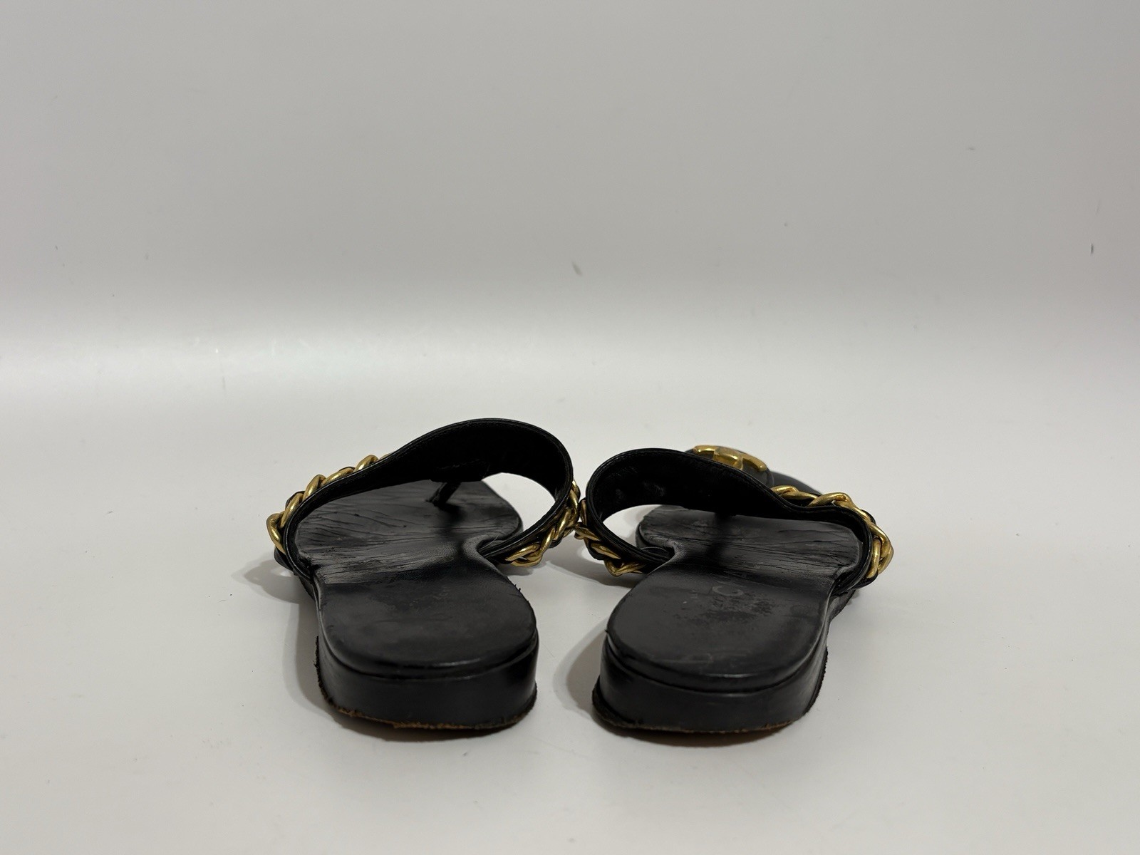 Vtg Chanel 90s Black Leather CC Logo Turn Lock Sandals 37