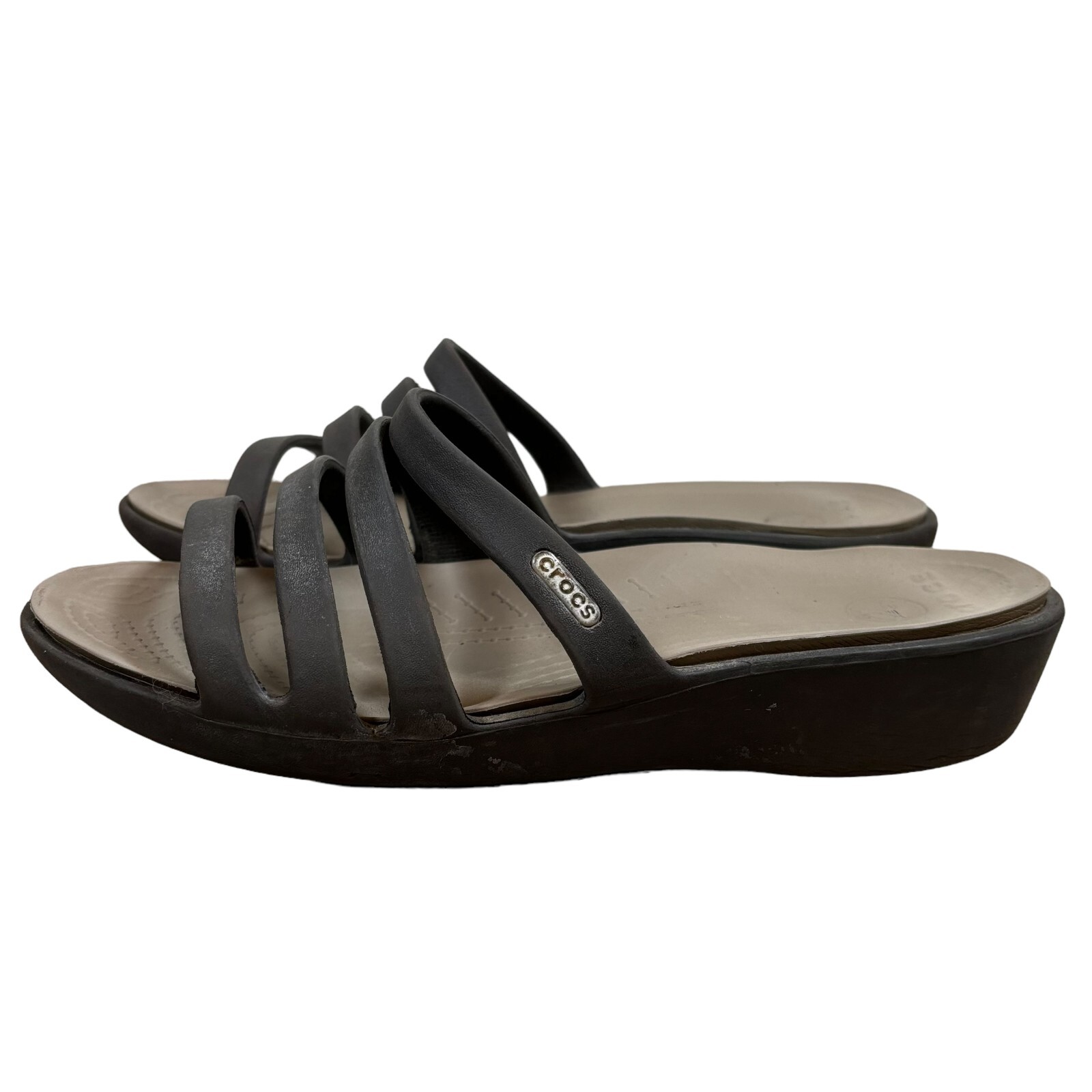 Crocs Rhonda Strappy Wedge Sandals Womens Size 10 Brown Tan Black Slides