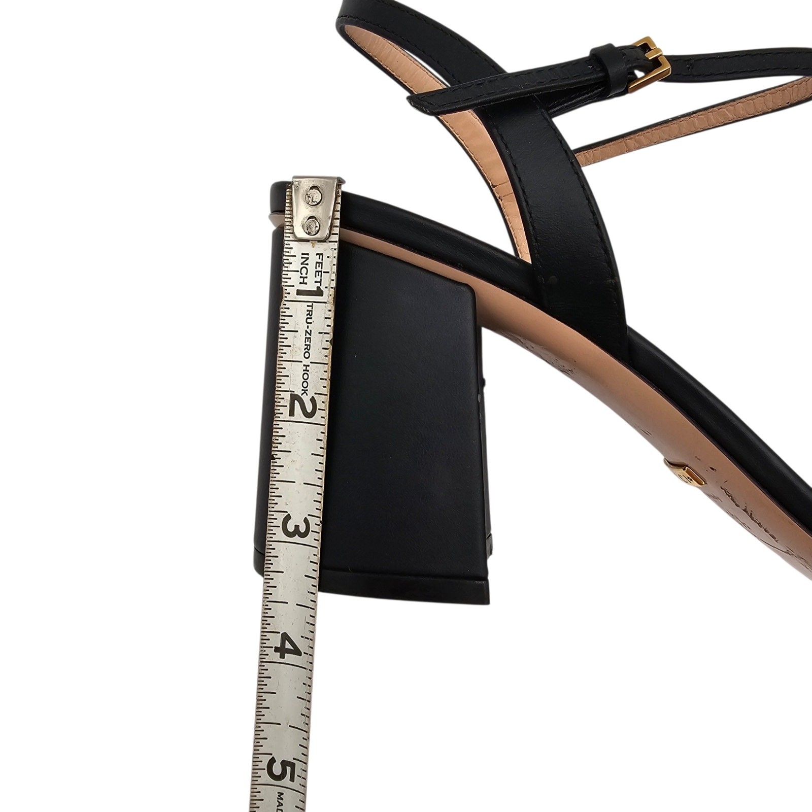 Gucci GG Marmont Black Leather Block Heel Sandal Ankle Strap Gold Size 40.5 10.5