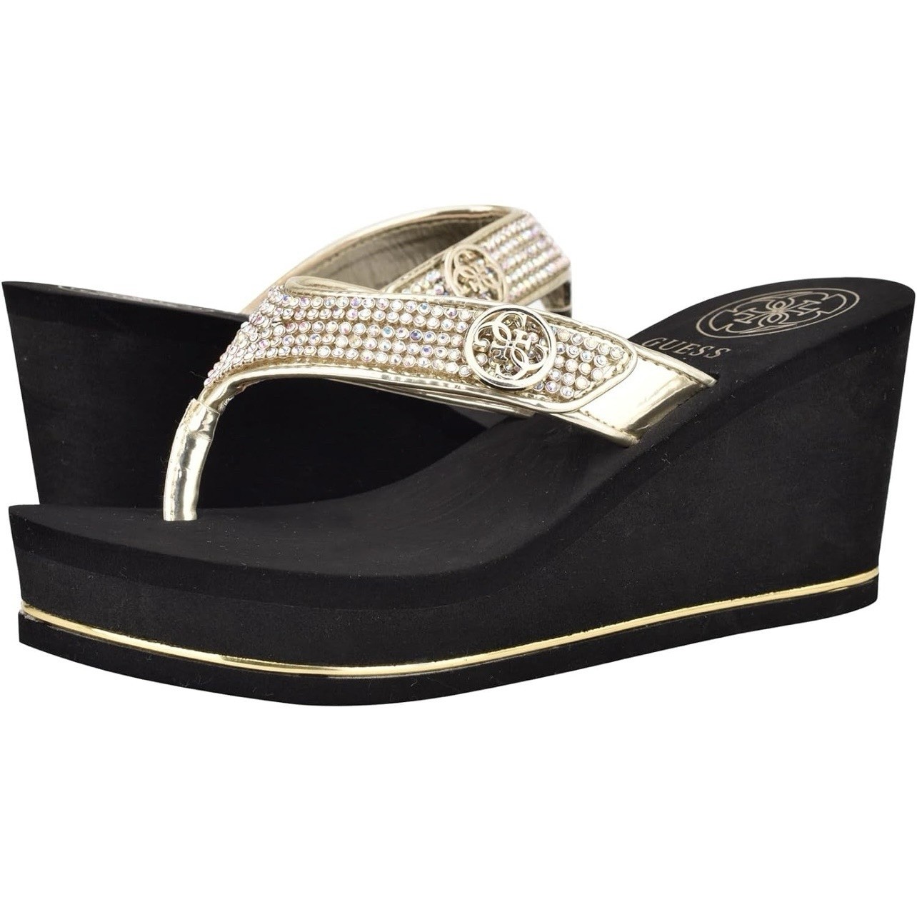 GUESS Women’s Gwsarraly ~ 3″ EVA wedge heel ~ Black/Gold ~ Size 8