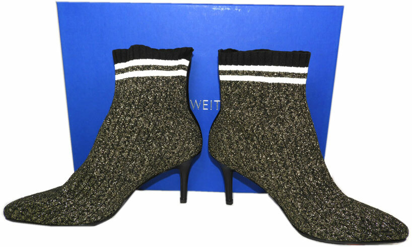 $575 Stuart Weitzman Waverly Boots Ankle Black Gold Stretch Sock Booties 10