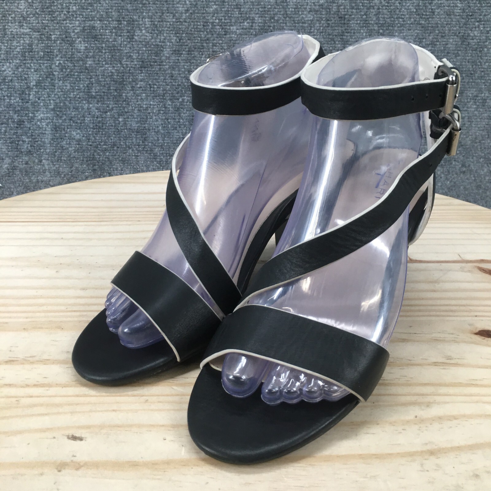 Tahari Sandals Womens 7 M Pansy Ankle Straps Black Leather Buckle Heels Casual