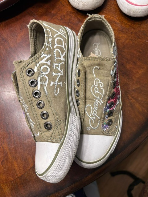 Vintage Ed Hardy Tan/Green Koi Fish Slip On Sneakers Tattoo Art Y2K Size 5