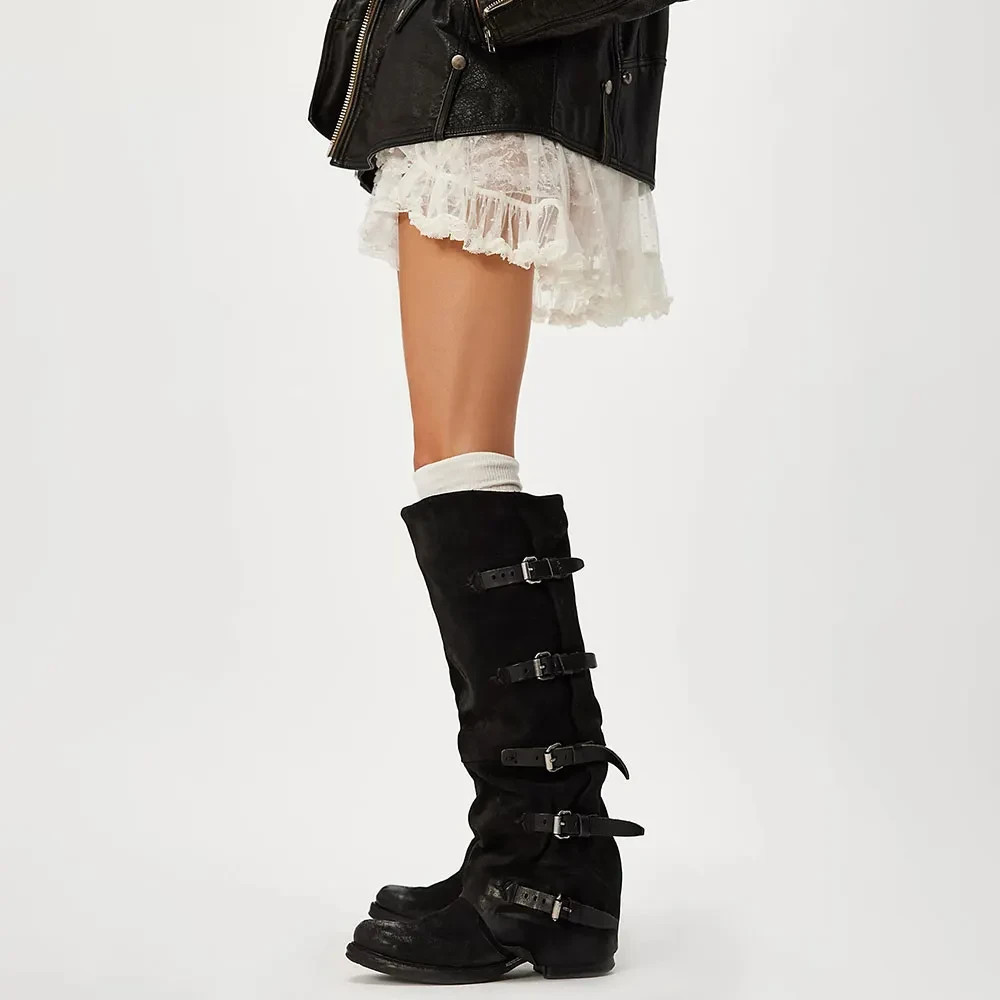 Vegan Suede Buckle Strap Round Toe Slouch Over The Knee Boots FSJ202310051B