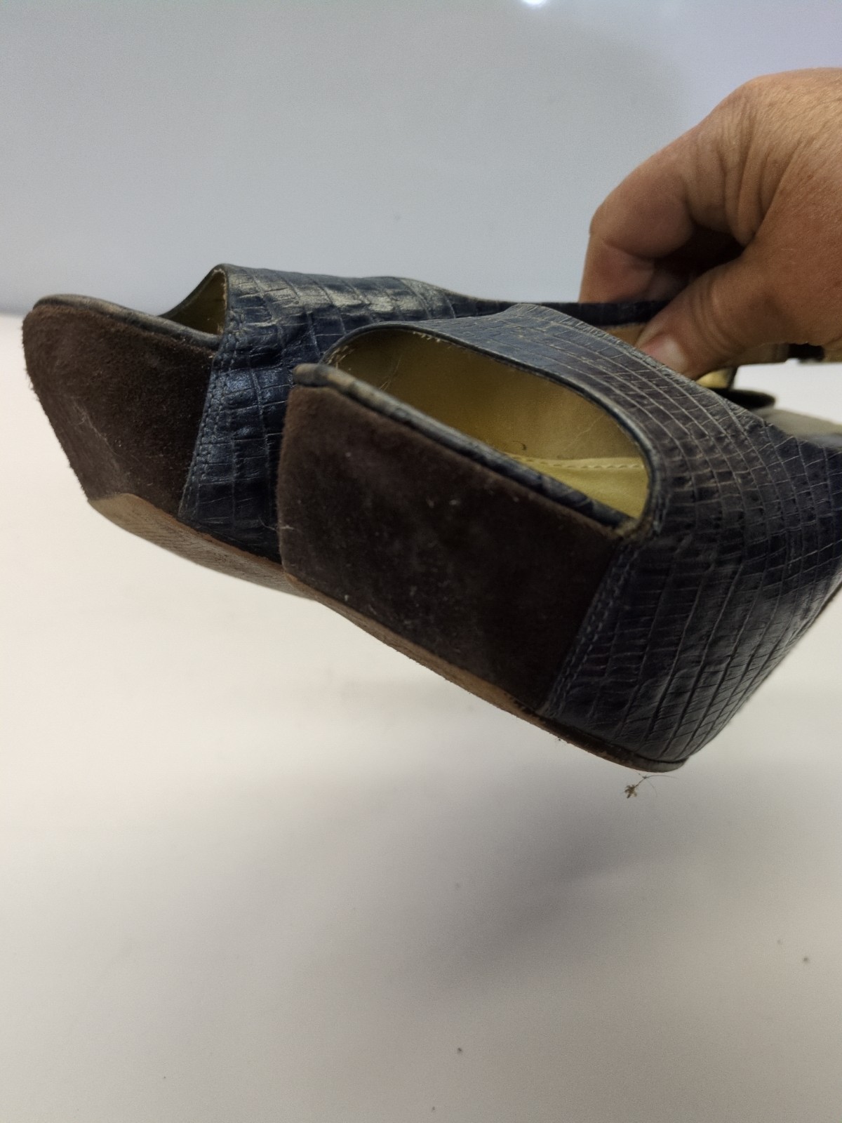Nine West 9.5M Blue Leather Snakeskin Upper w/Brown Suede Platform 4.25″ Wedge