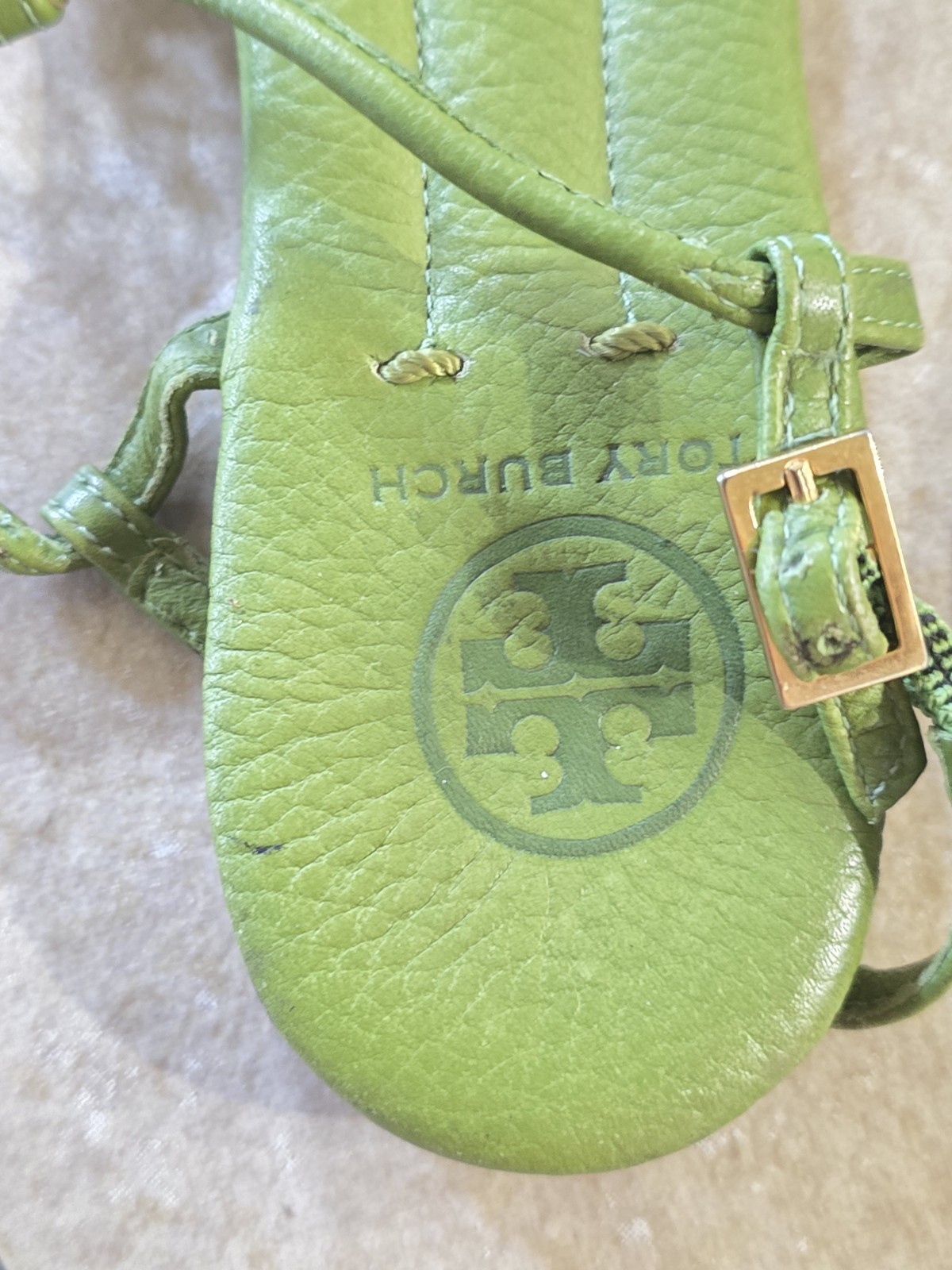 Tory Burch Green Leather Thong Sandals Logo Buckle Adjustable Straps Women 5