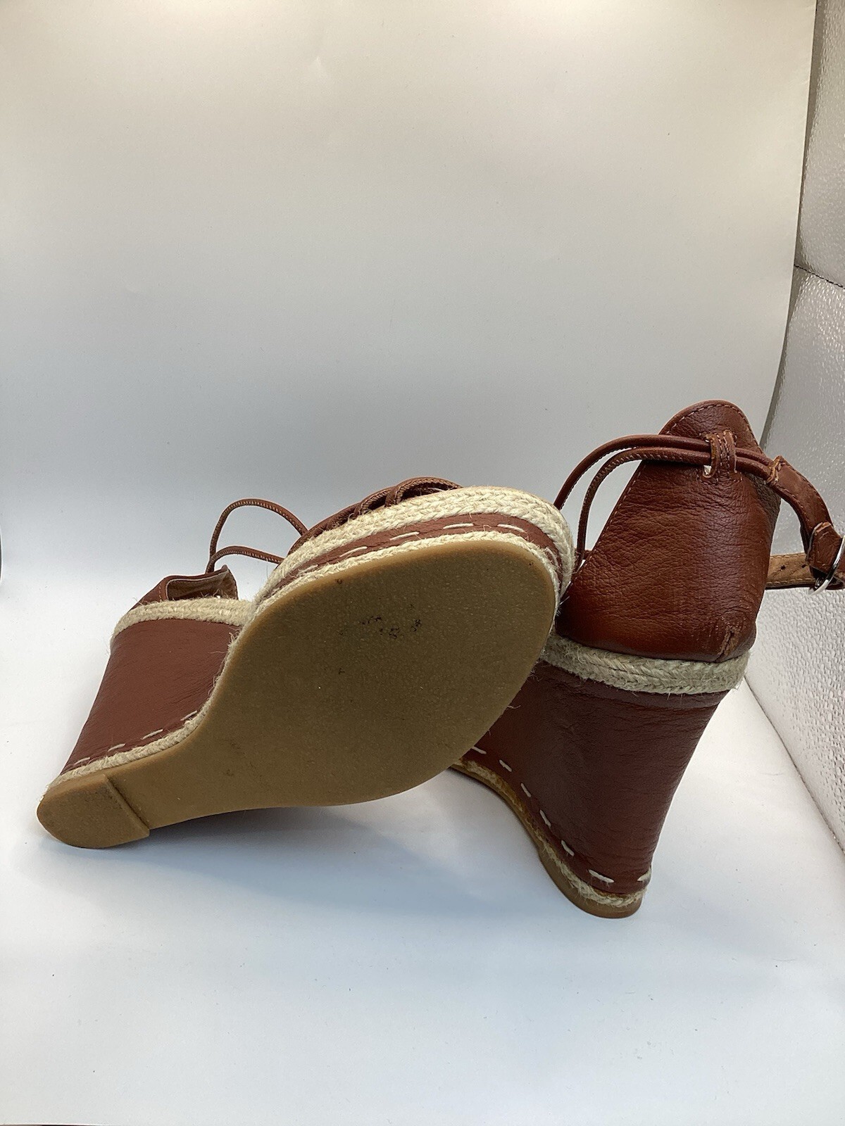 Brooks Brothers Size 9 Brown Leather Jute Espadrille Gum Sole Wedges