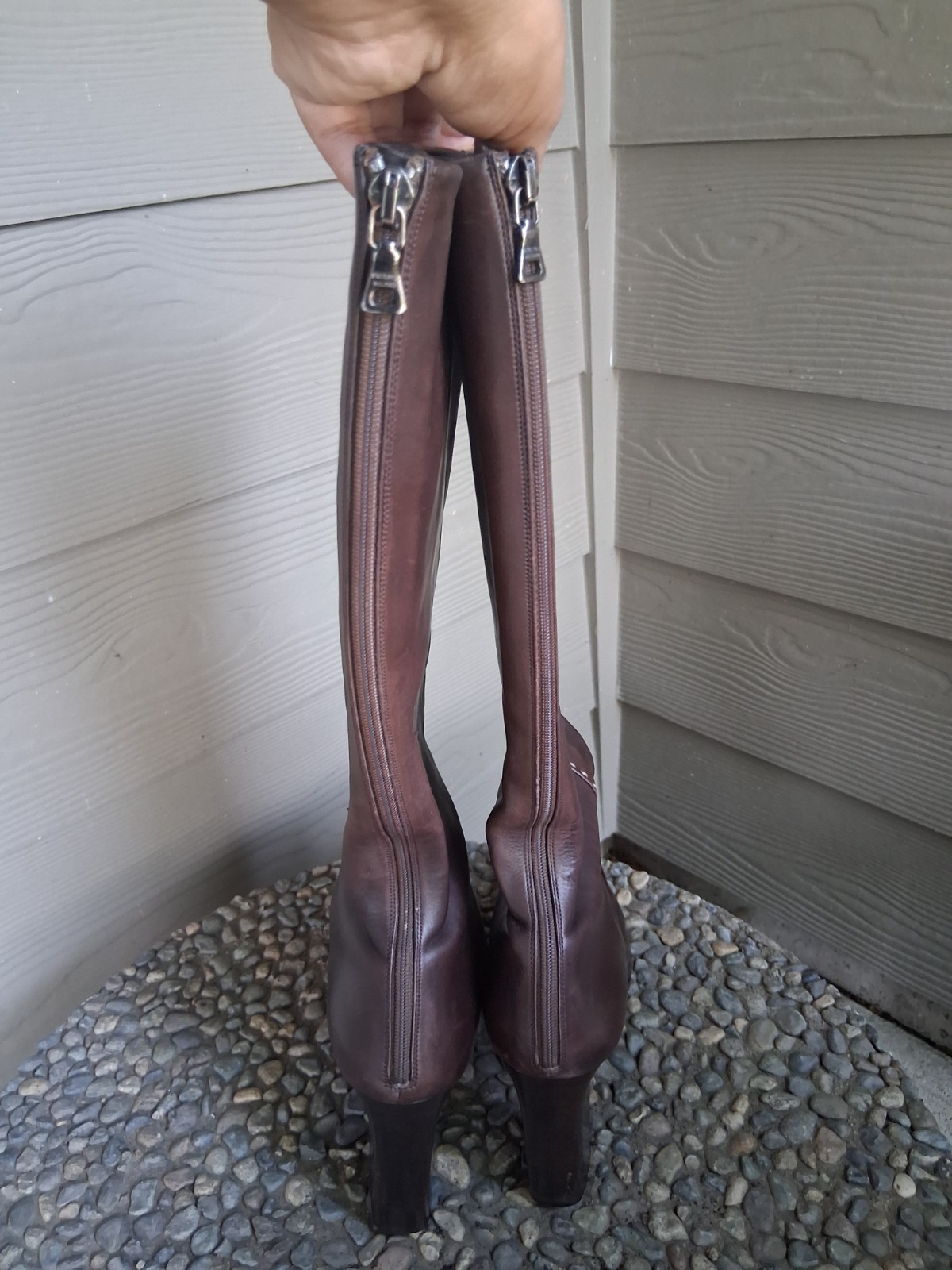 Prada Brown Leather Knee-High Riding Boots Pointed Toe Zip EU 39