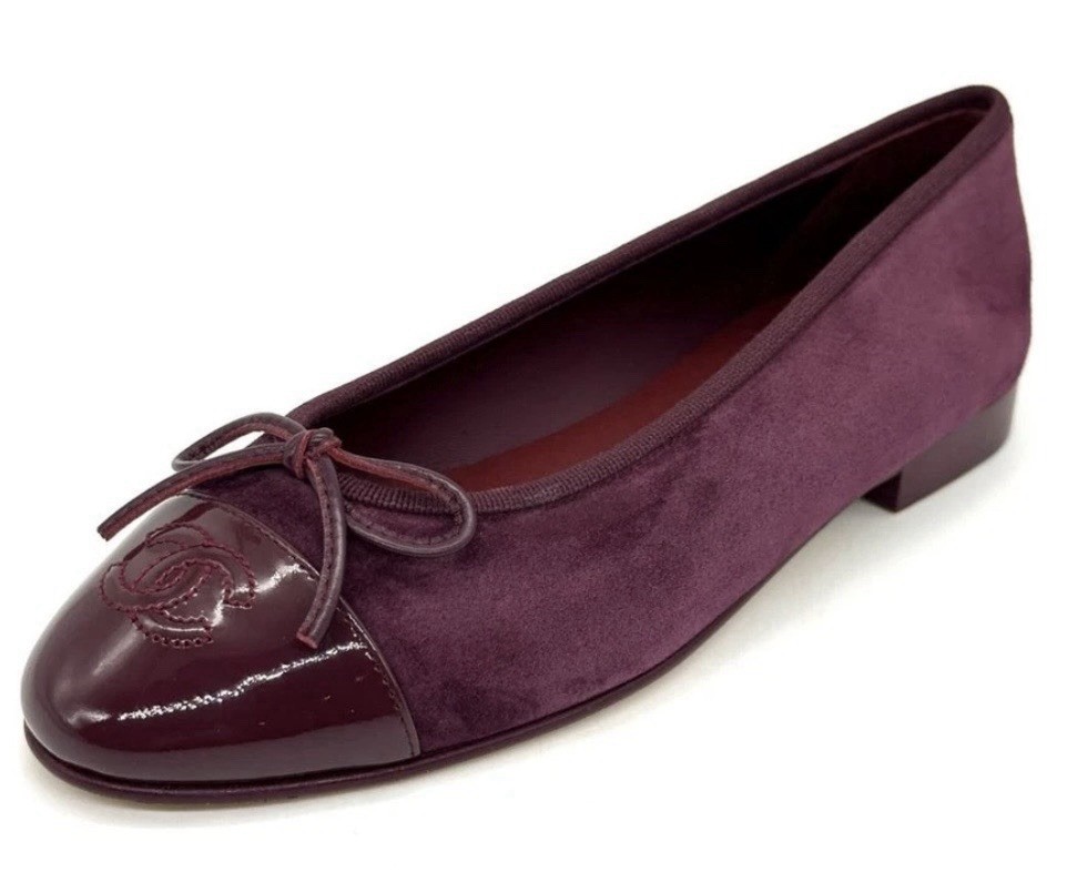 Chanel Suede Patent Cap Toe CC Ballerina Flats Burgundy Size 42