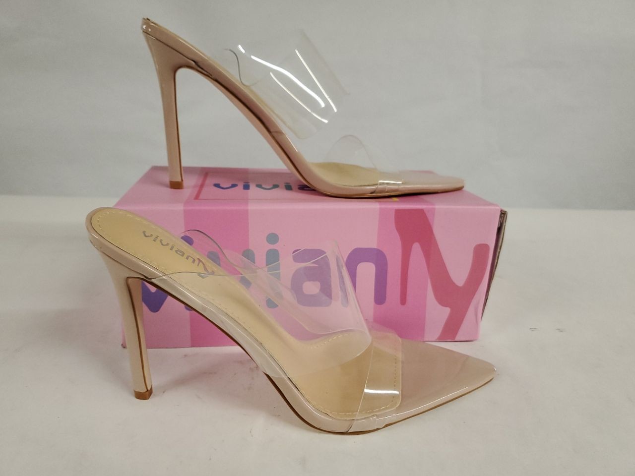 Vivianly Women’s Nude & Clear Pointed Toe Stiletto Heels Size 11
