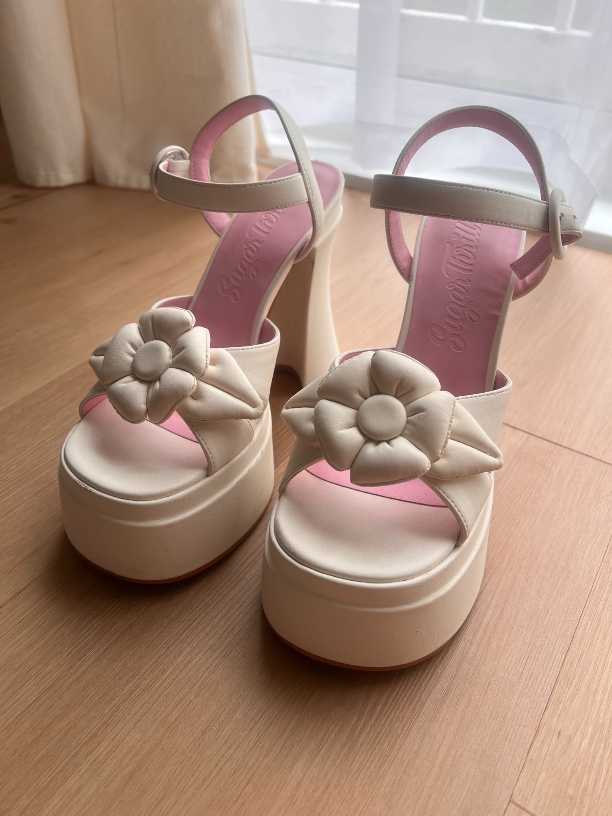 Dolls Kill Sugar Thrillz Peep Toe Heels Size 9 Faux Leather Platform 5″ Heel