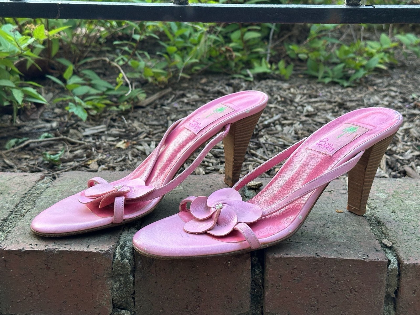 Lilly Pulitzer Pink Leather Flower Embellished High Heel Sandals, Made in Italy