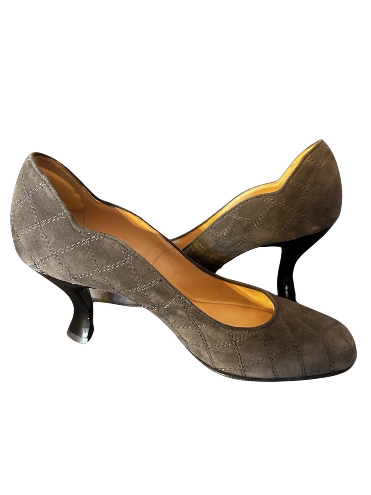ANYI LU Greenish Gray Suede Semi Round Toe Classic Pumps 9/40 Made In Italy