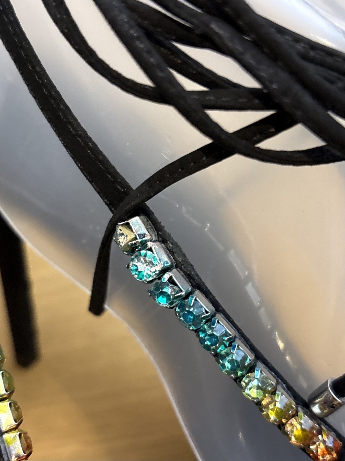 Schutz Vikki Crystal Strappy Heels Sandals Black Suede Rainbow Sz 8.5