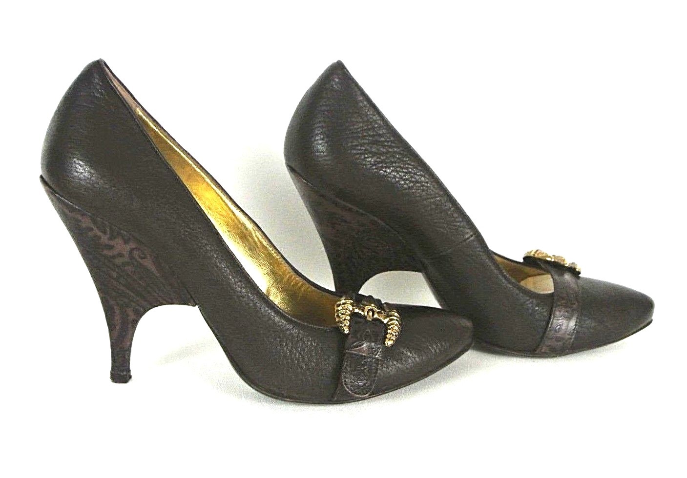 Just Cavalli Brown high Heel pumps 9.5 Gold Buckle Made In Italy Pointy toe*1008