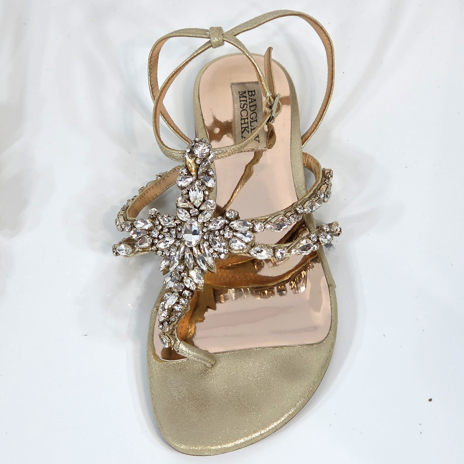 Badgley Mischka Hampden Leather Crystal Embellished Thong Sandals Gold Sz 7.5 M