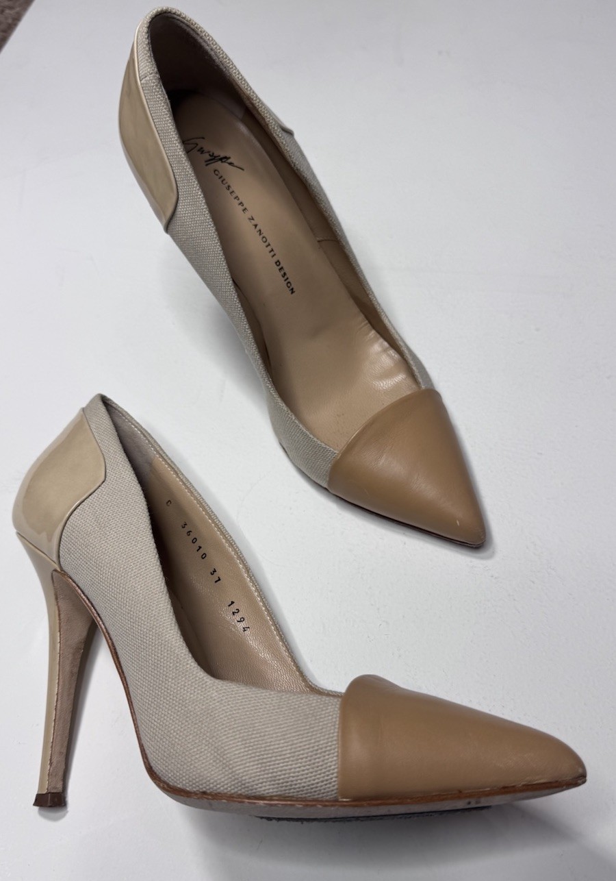 Giuseppe Zanotti Design Italy Canvas Leather Cap Toe Heels Pumps EU 37 Nude