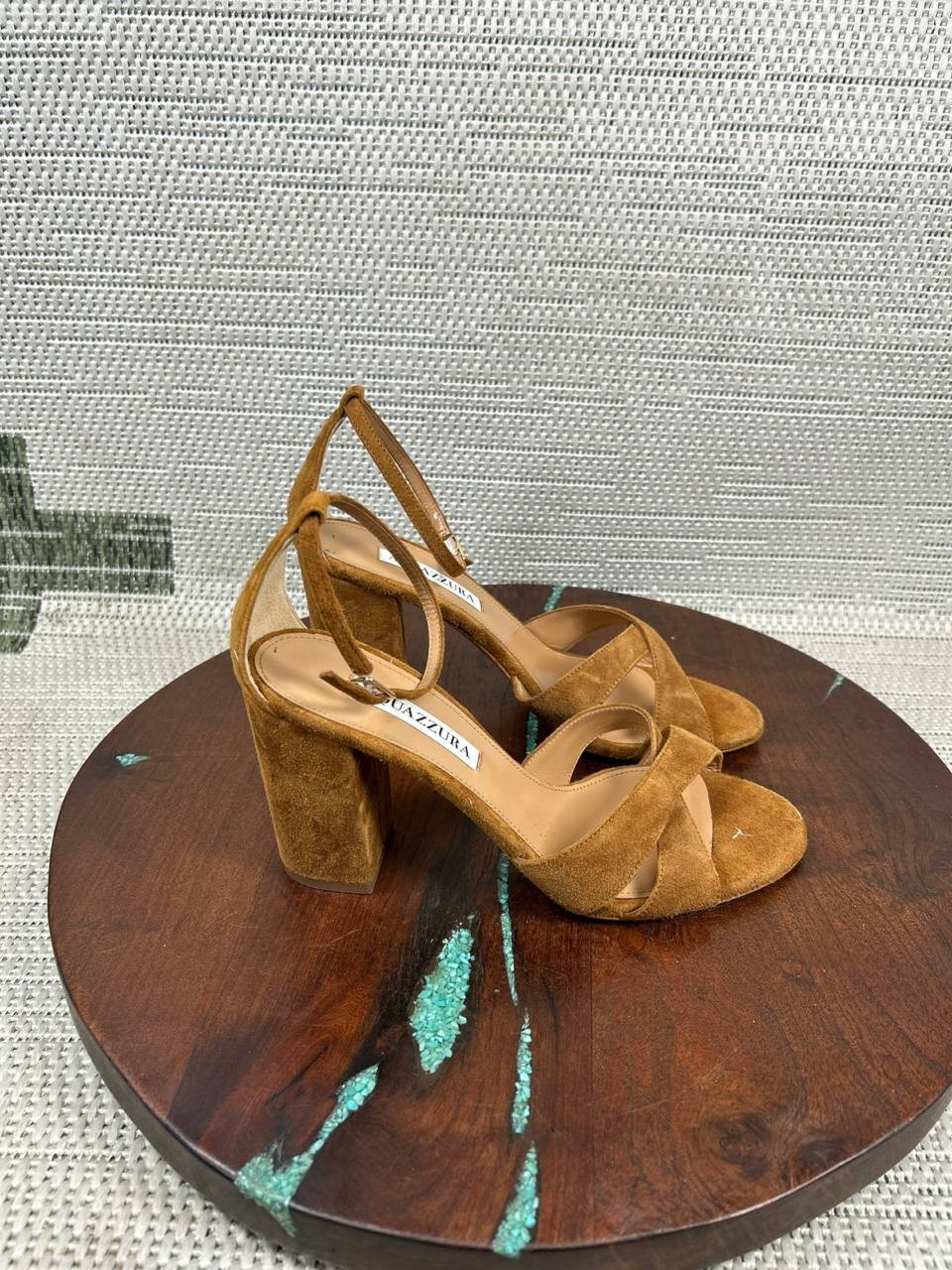 Aquazzura Sandal Women Size 37 Eu 6.5 Us Divine 85 Cognac Brown Suede Block Heel