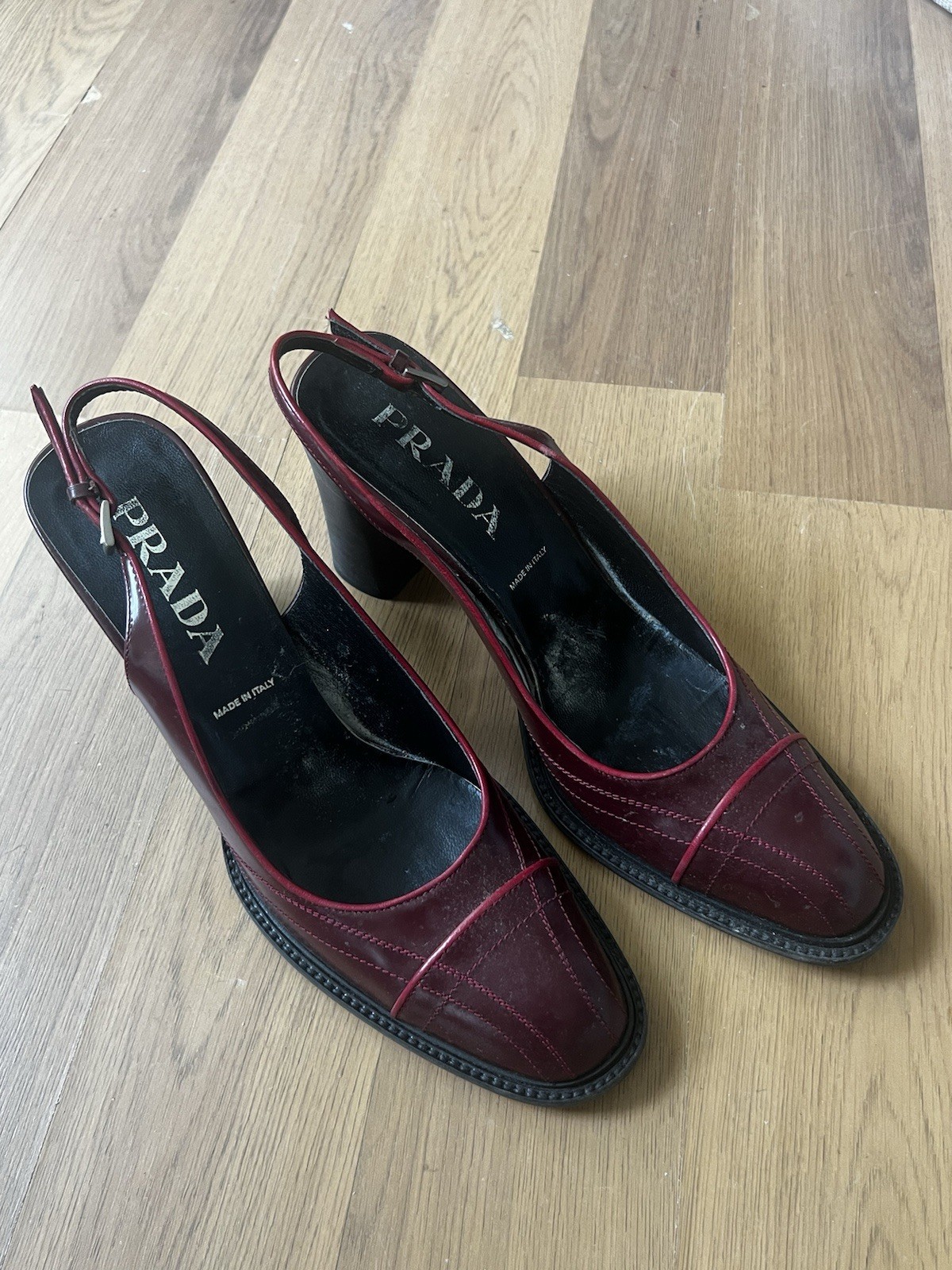 PRADA Burgundy Leather Round Toe Slingback Buckle Block Heel Pumps EU 39.5