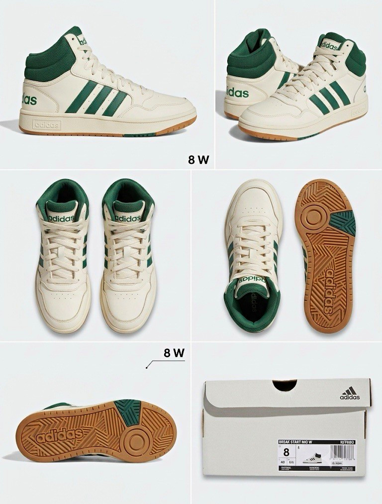 adidas Women’s Mid Top Athletic Sneakers White/Green Gum Rubber Sole Lace-Up