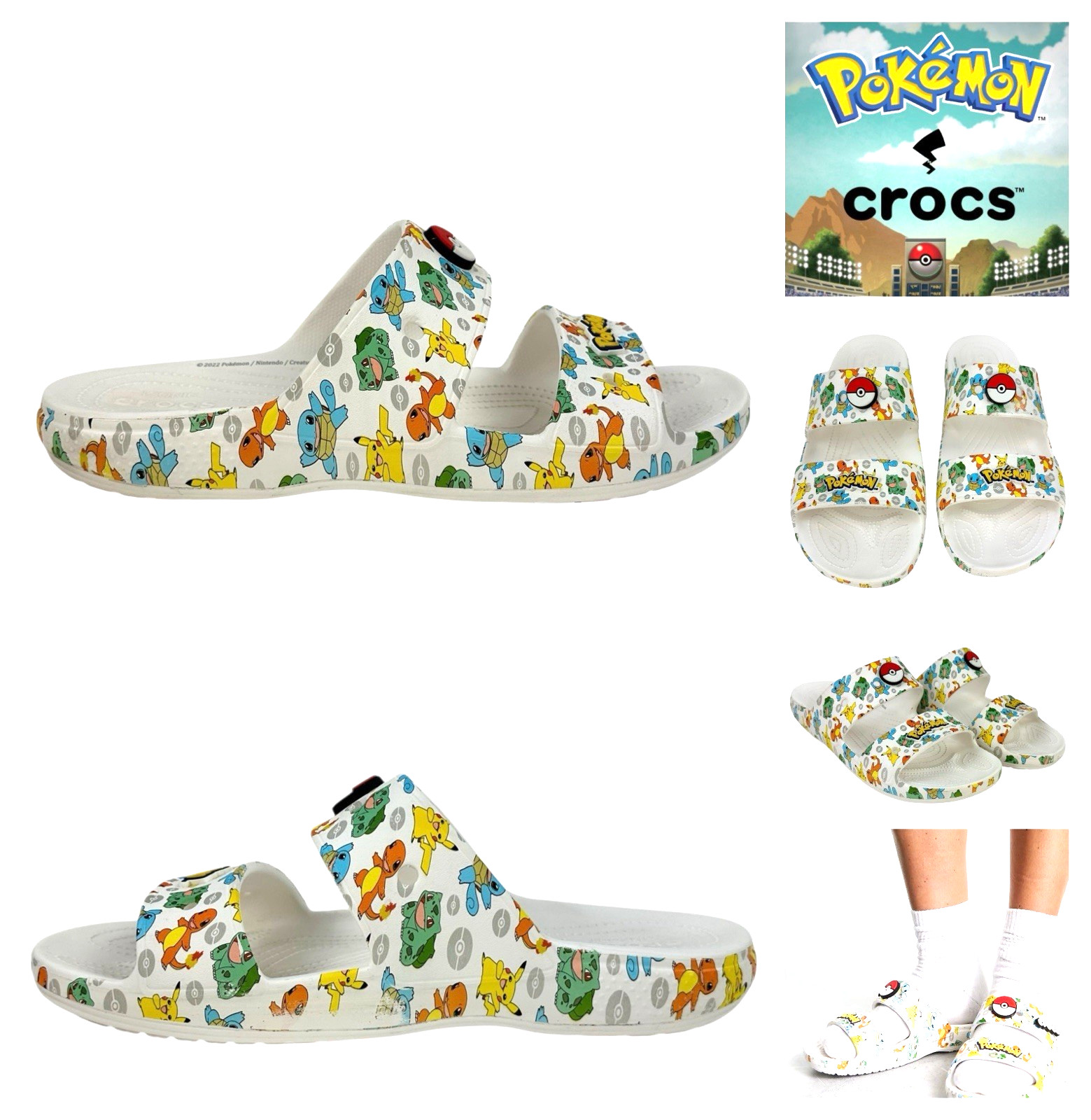 Crocs X Pokemon Pikachu Slides Sandals Mens Sz 13 White & Multicolored Graphics