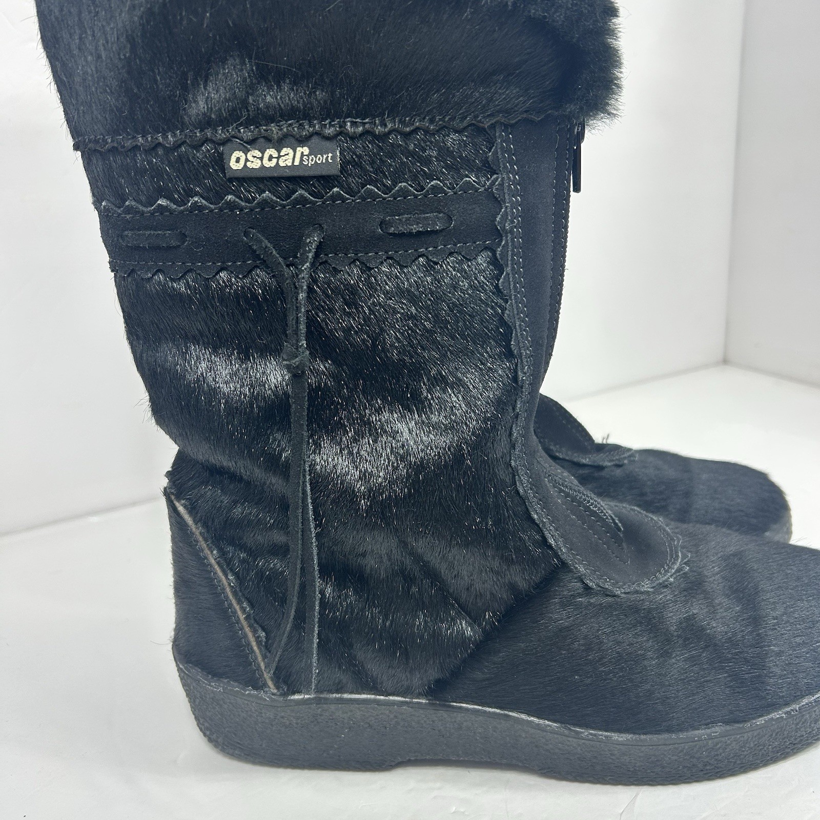 Oscar Sport Christina Black Fur Boots 41/10 Zip Apres-Ski Italian Winter Pull On