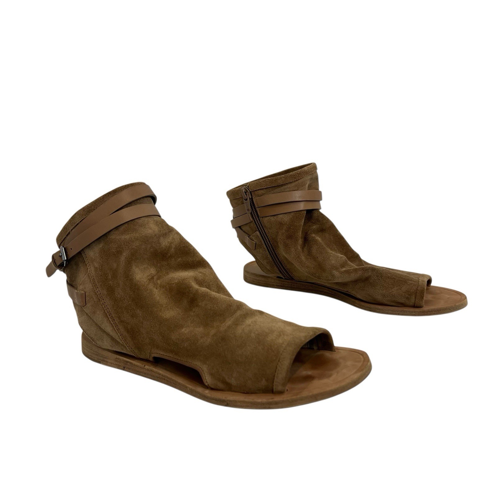 Vince Suede Ankle Sandals Women 9 Tan Cutout Strap Bootie Minimalist Designer
