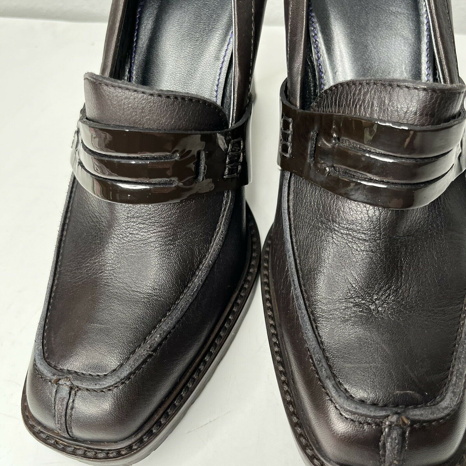 NavyBoot Dark Brown Italian Leather Chunky Heel Loafer Pumps size 37 (6.5)