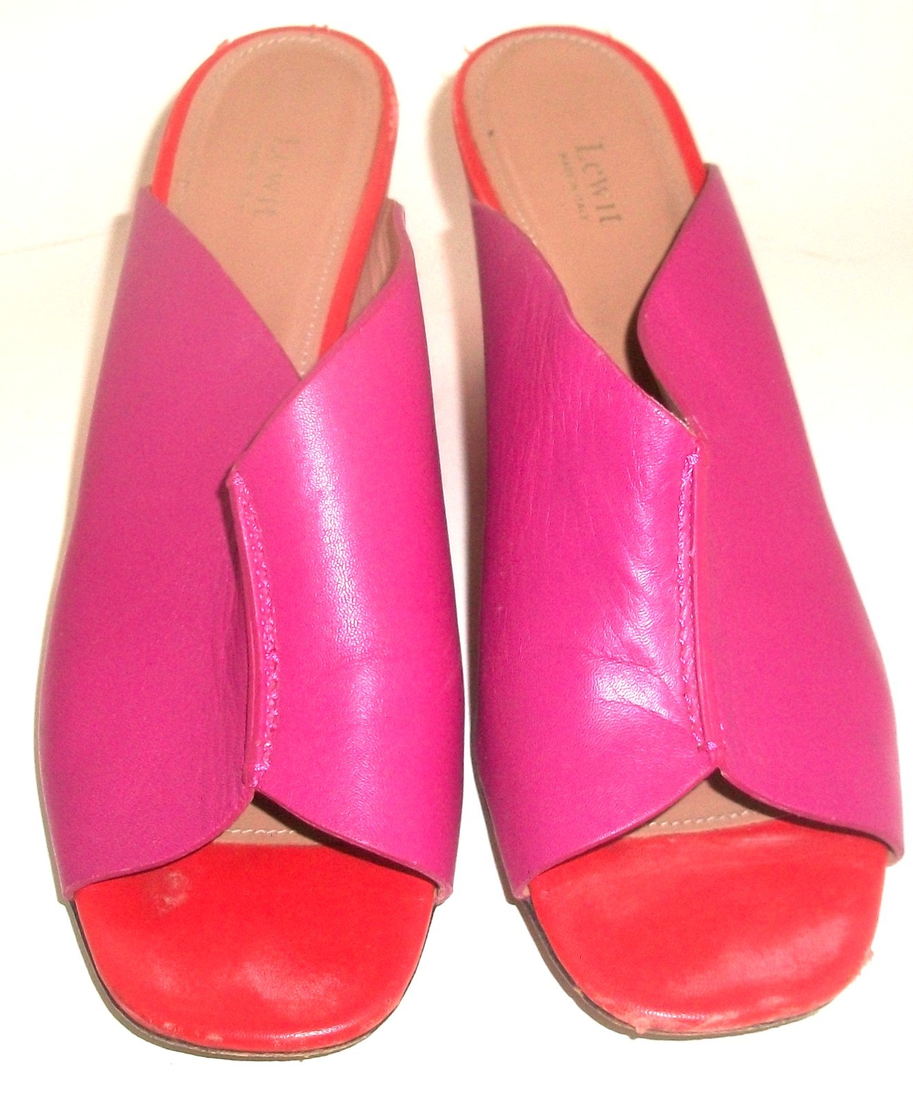 Lewitt Fuschia Pink and Red Leather Open-Toe Heeled Mules Made in Italy 10M