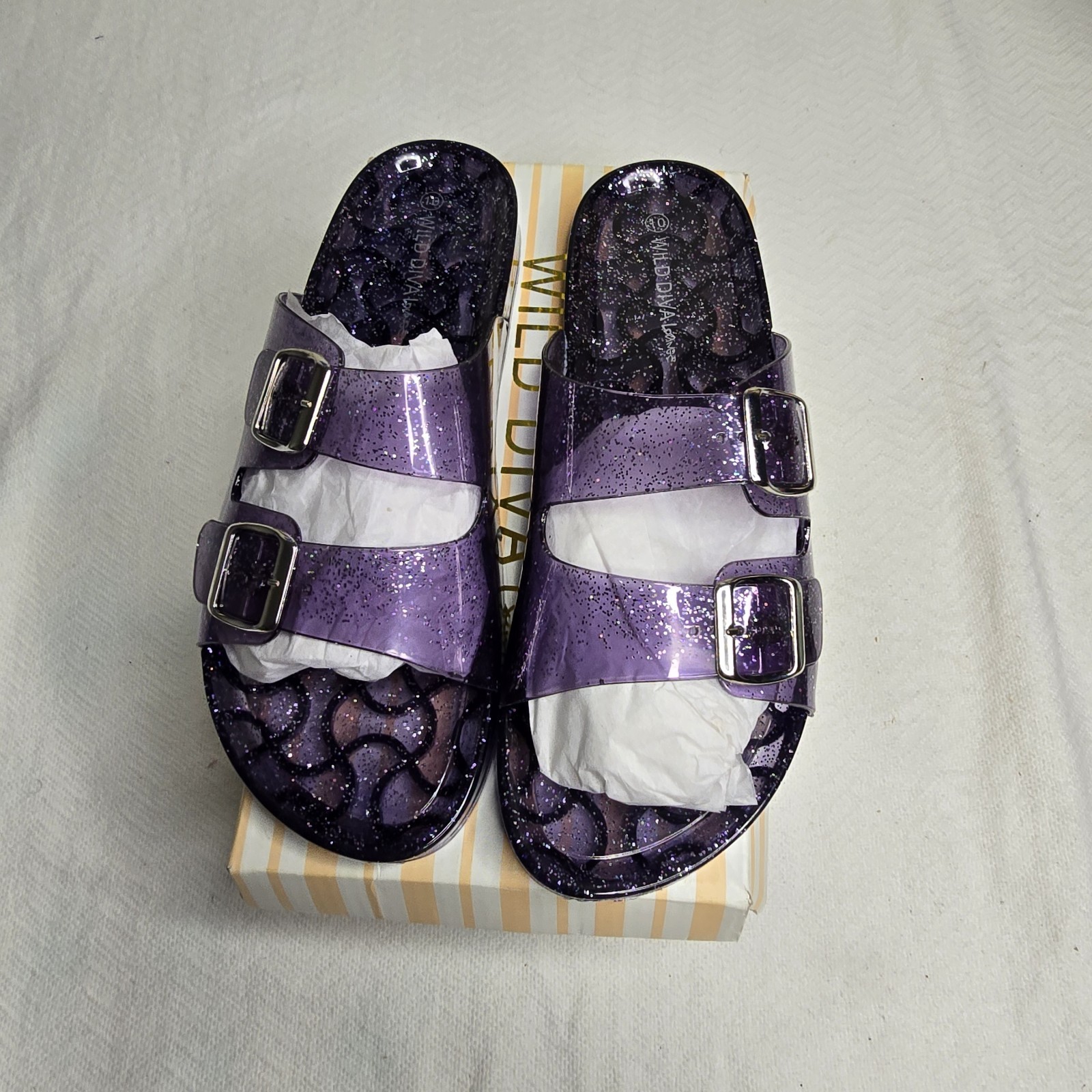 Wild Diva Purple Glitter Double Buckle Adjustable Strap Slide Sandals Women’s