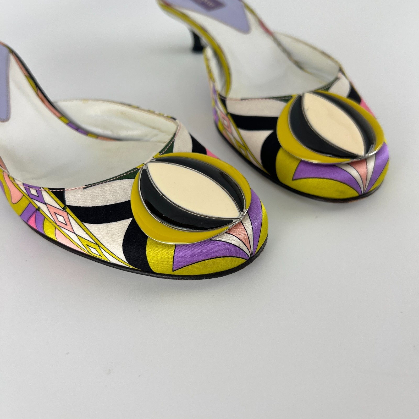 Pucci | Auth Vint Sphere Hardware Multicolor Yellow Pink Kitten Heel Mules (36)