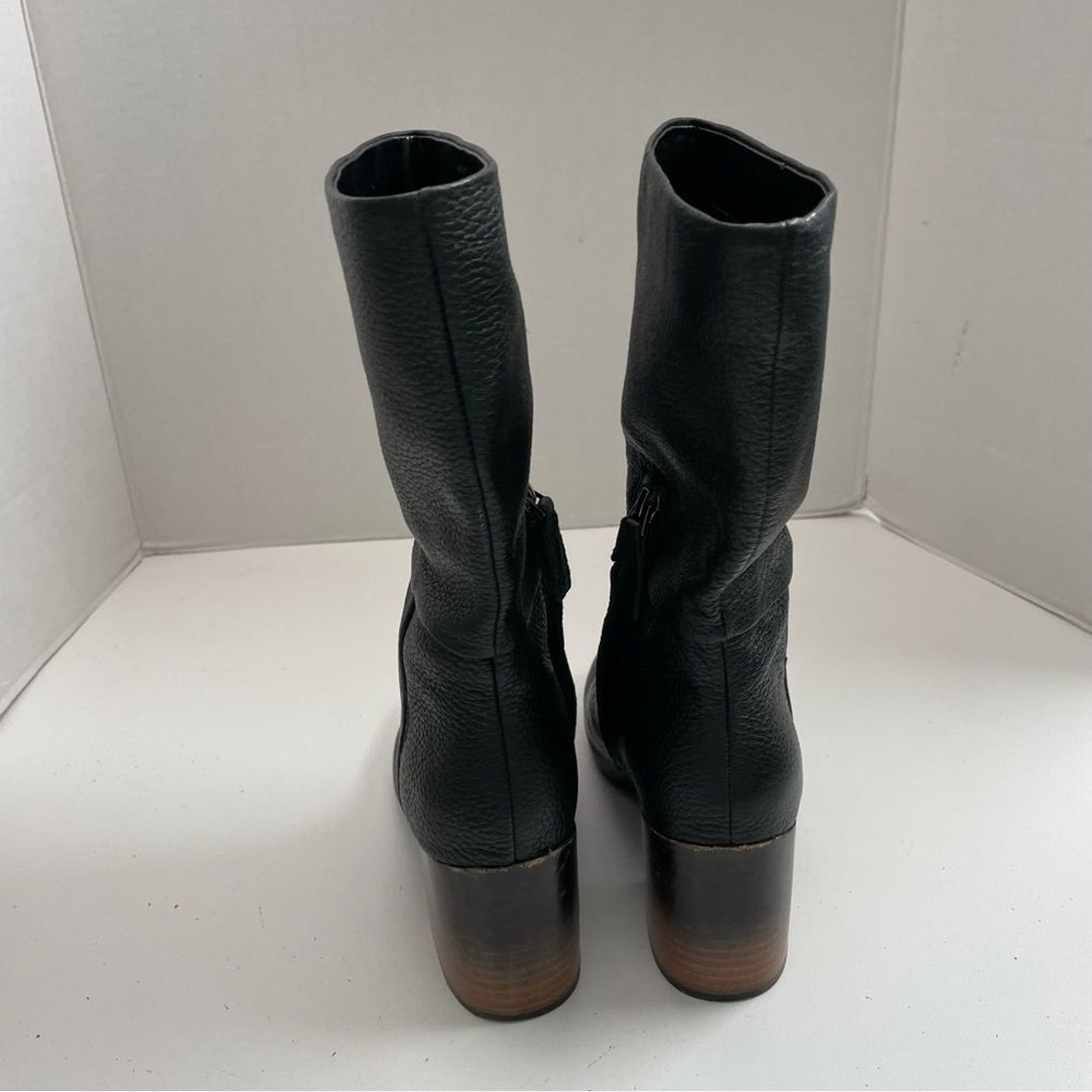 Levity Boots Betty Mid Calf Pebbled Soft Leather Stacked Heeled Pull On Black