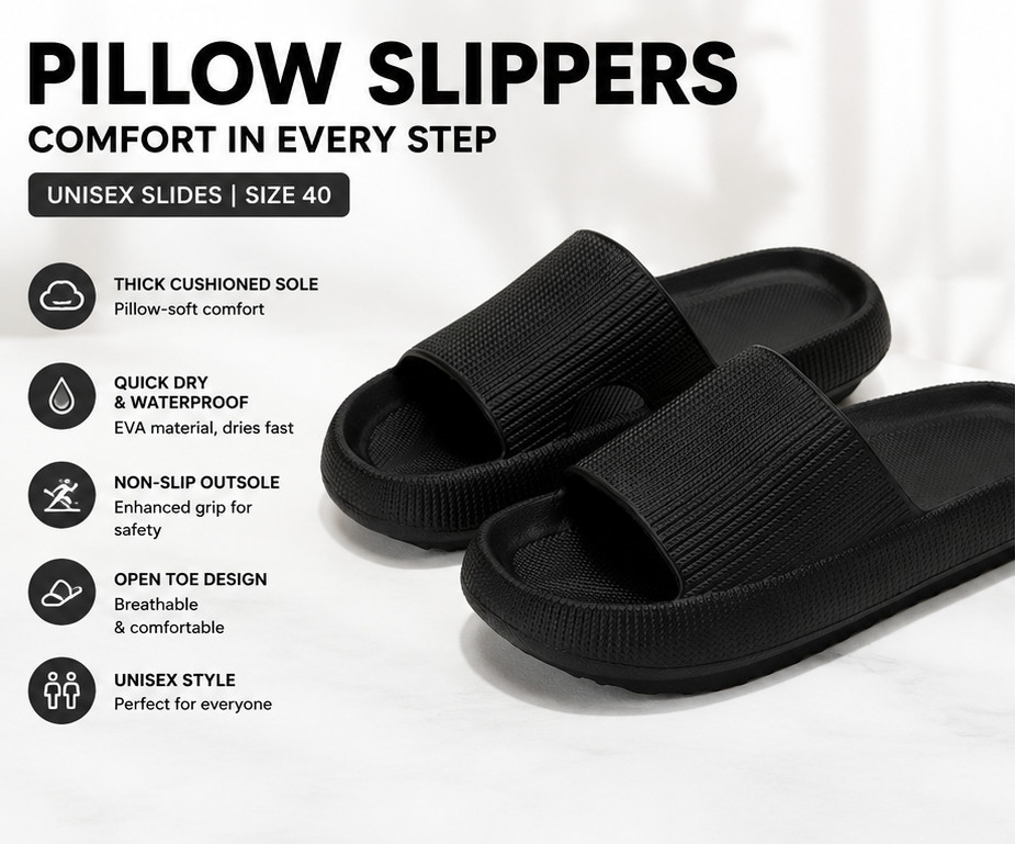 Size 40 Cloud Pillow Slippers, Ultra-Soft Quick-Dry Black Bathroom Slippers