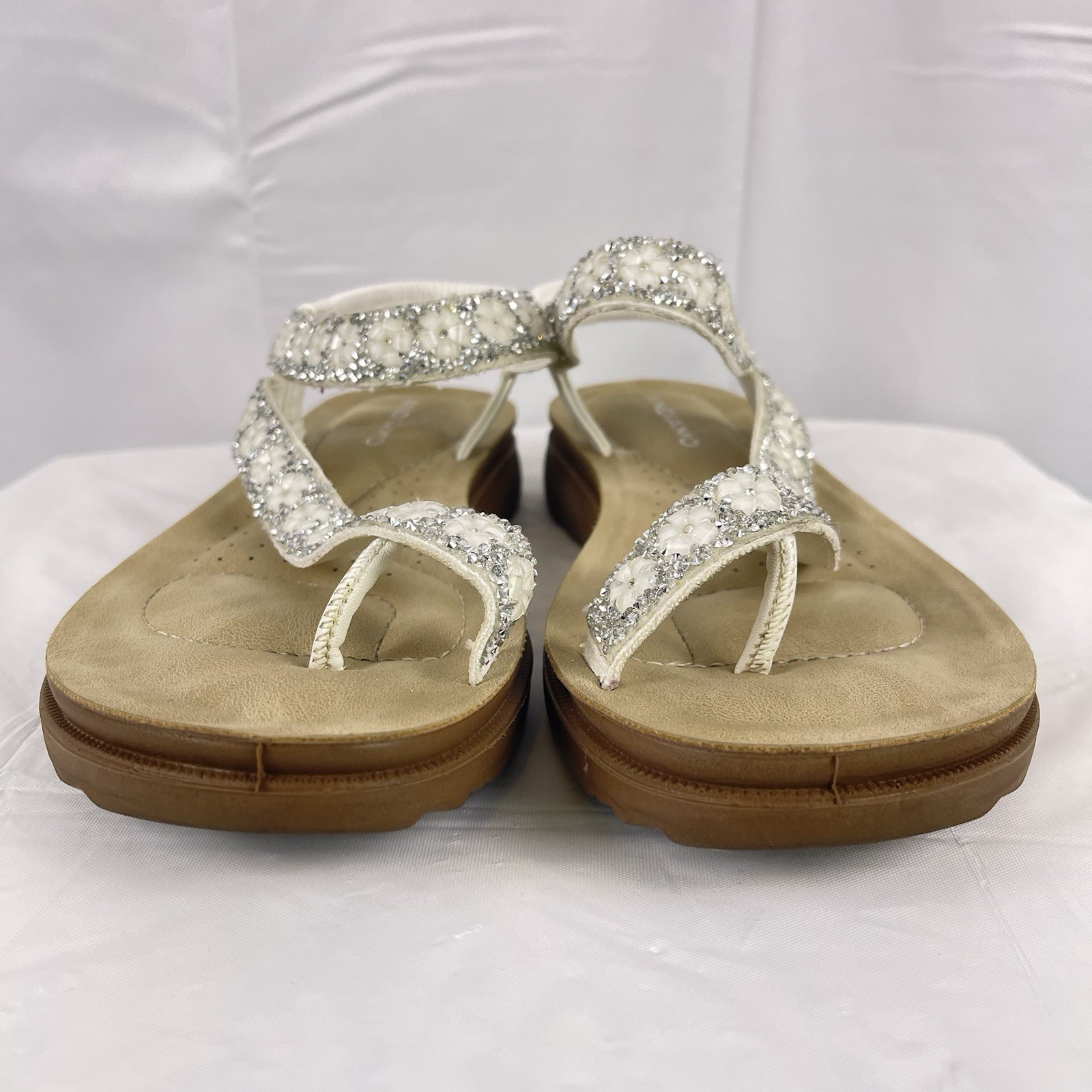 Andiamo Women Sandals 8M White Beaded Rhinestone Slingback Comfort Flat