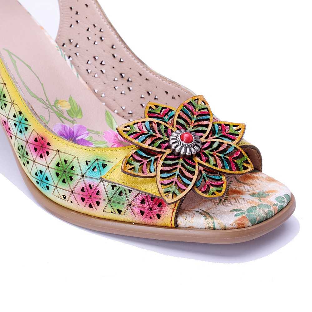 2026 Womens Real Leather Polished Retro Block Heels Hollow Out Flower Sandals