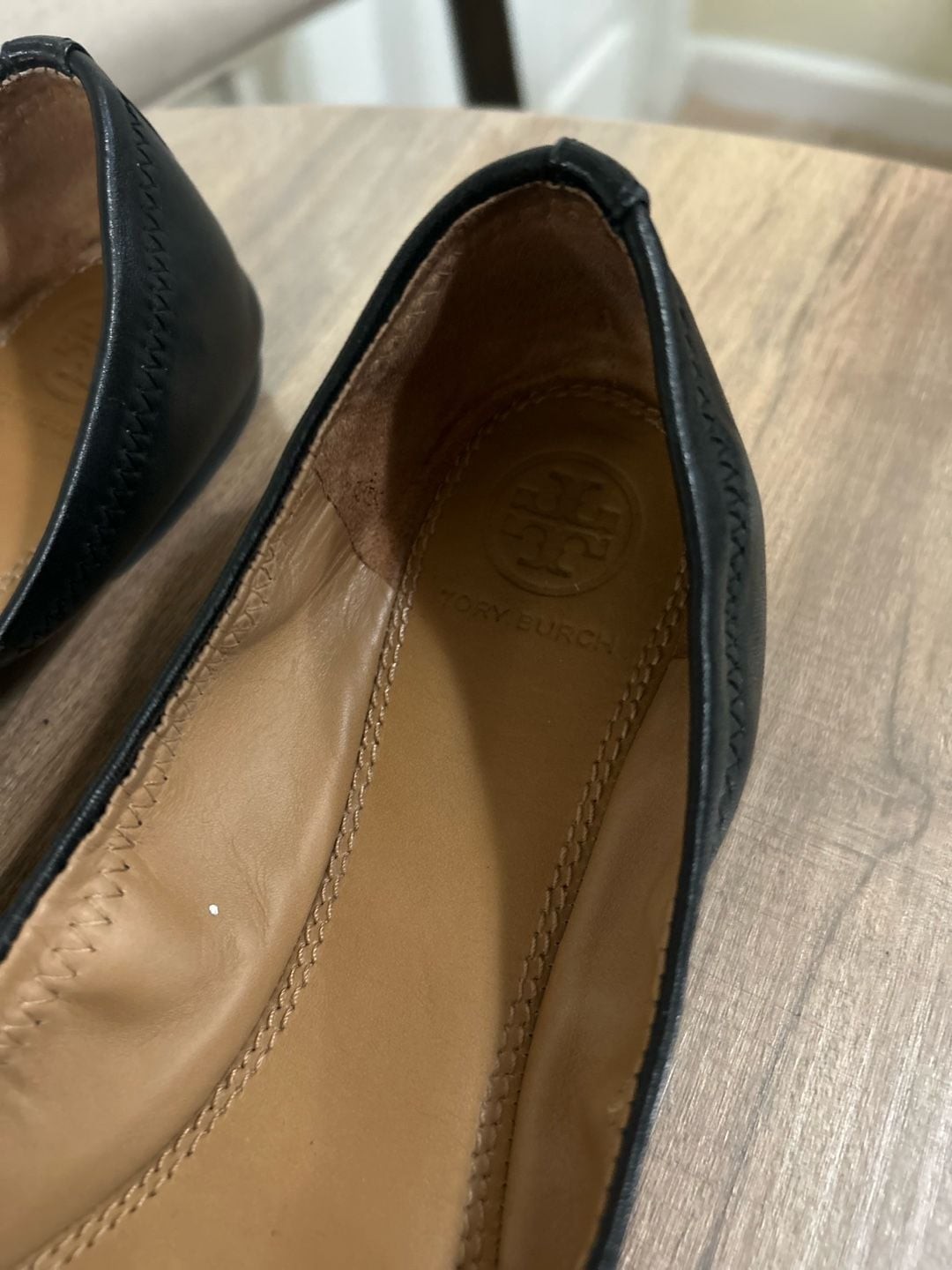 Tory Burch Black Leather Ballet Flats with Crystal Embellished Logo Medallion