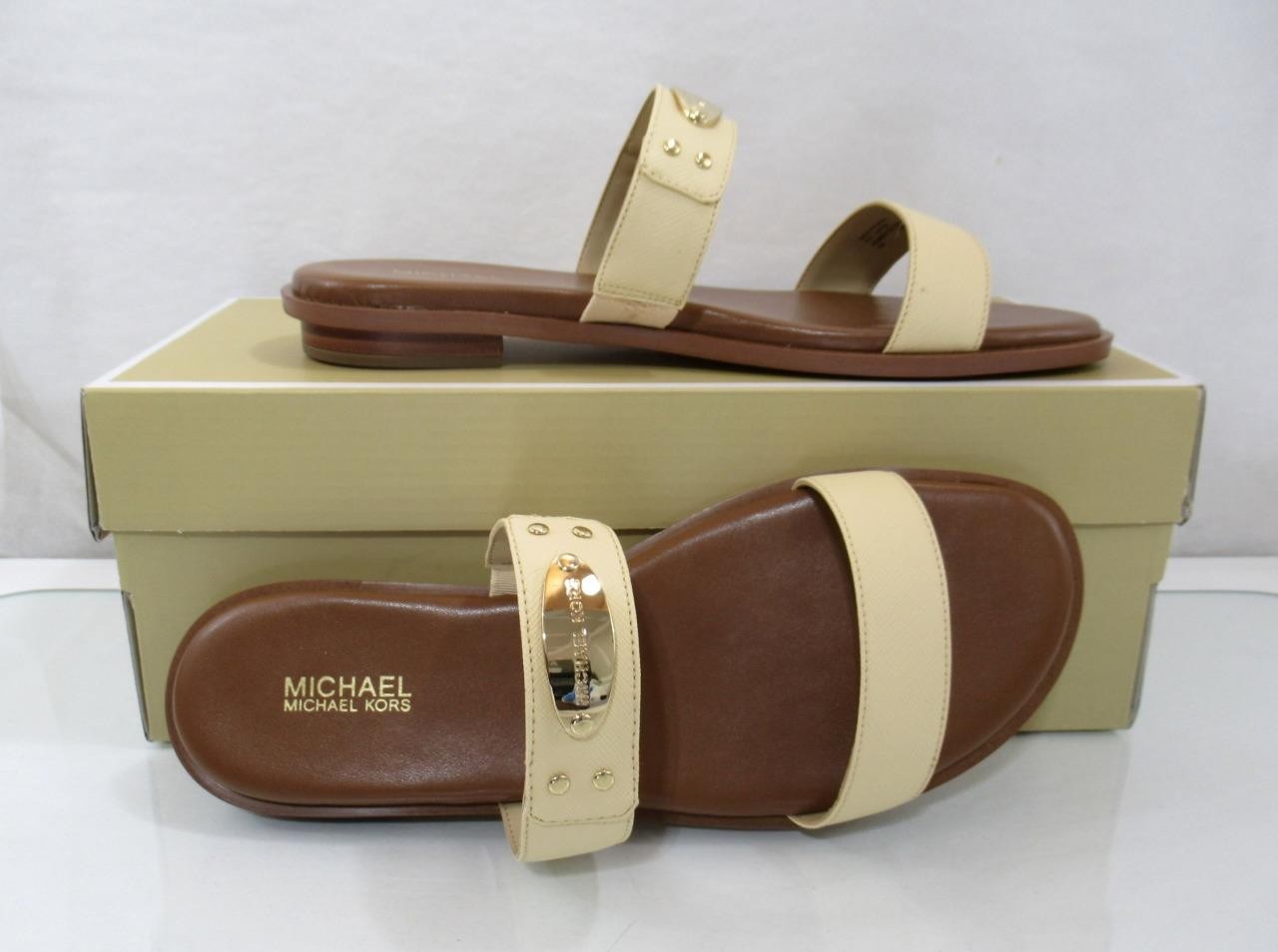 Michael Kors MK Plate Slide Flat Sandal MK Logo Embellished Buttermilk Size 7