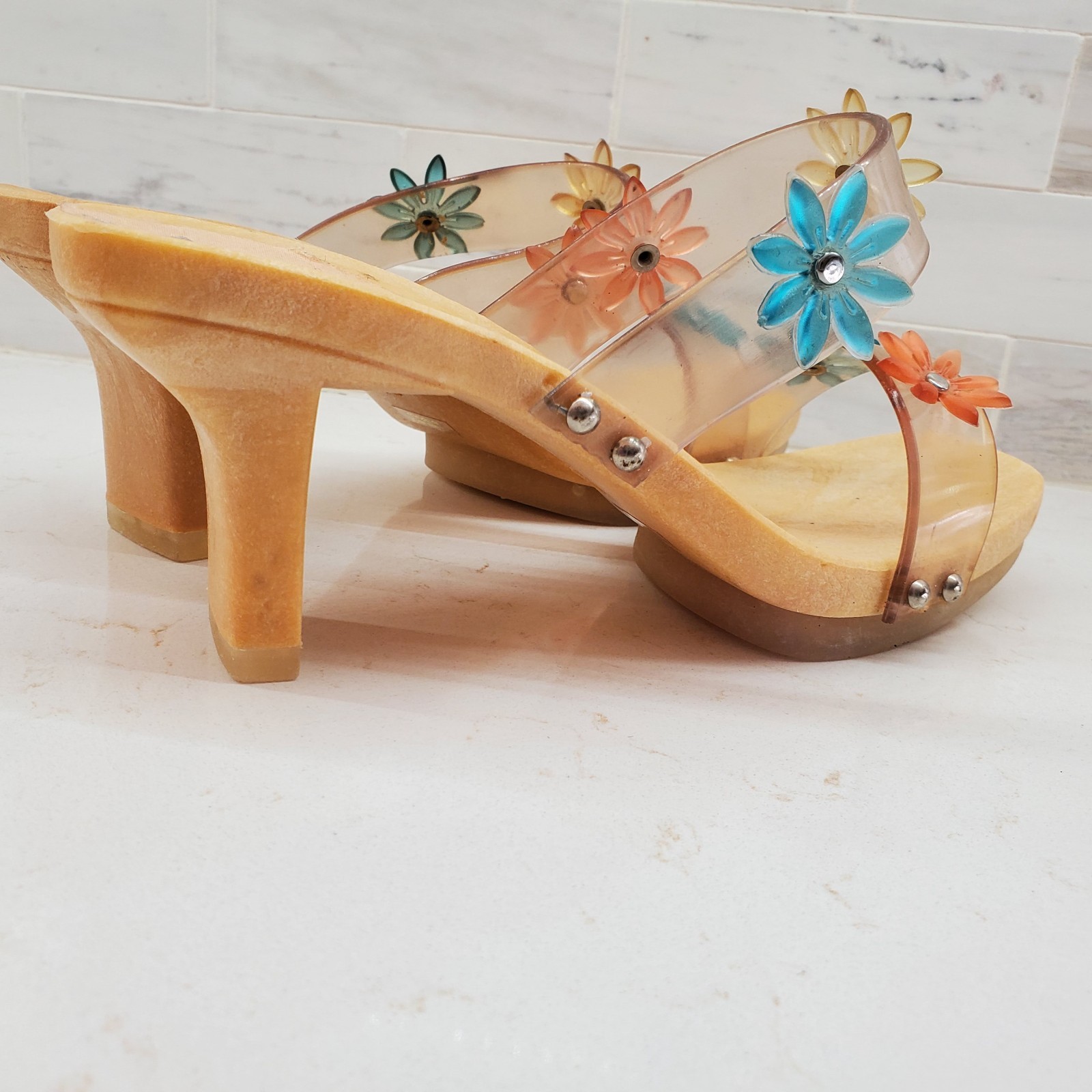 Chinese Laundry Slip-On Heels Clear Straps Jelly Flowers Rubber Platform Italian