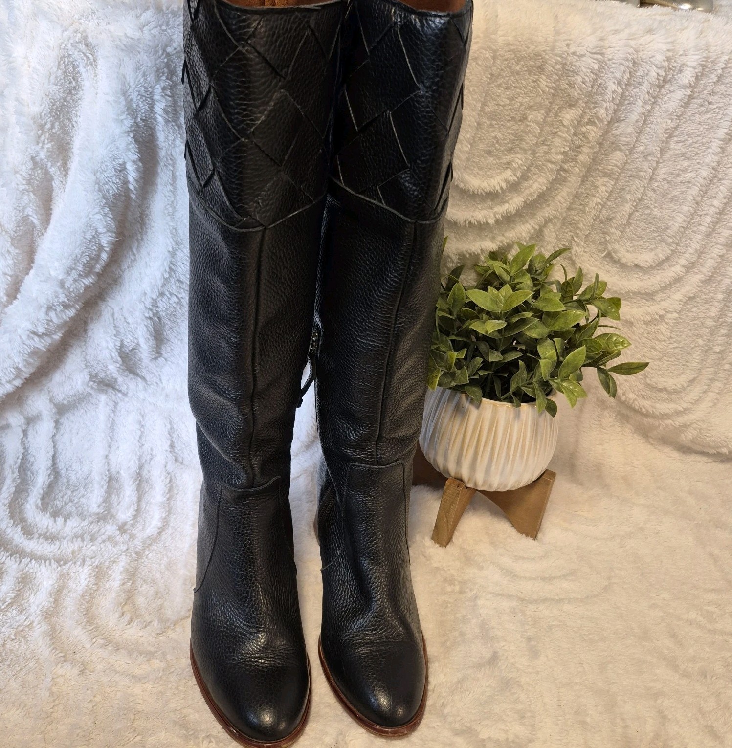 Anthropologie Angel Alarcon Riding Boots Black Woven Leather Cuero Heeled Sz 6.5