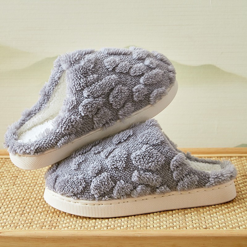 Female autumn winter couple home with plush warm cotton slippers