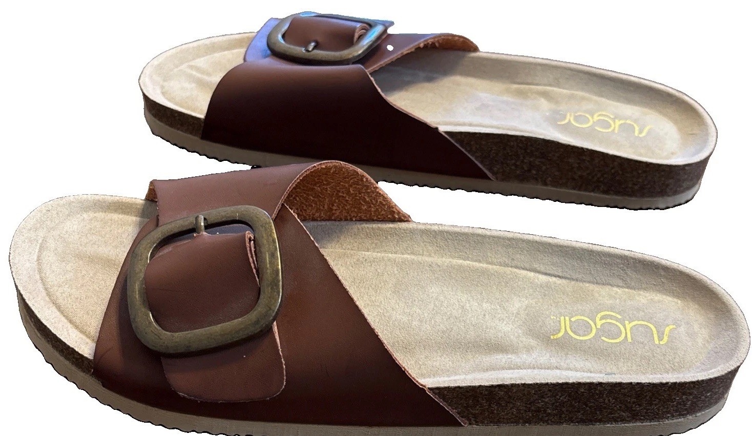 Sugar Zerri Faux Brown Leather Slip On Slide Sandals Metal Buckle Women’s Sz 10