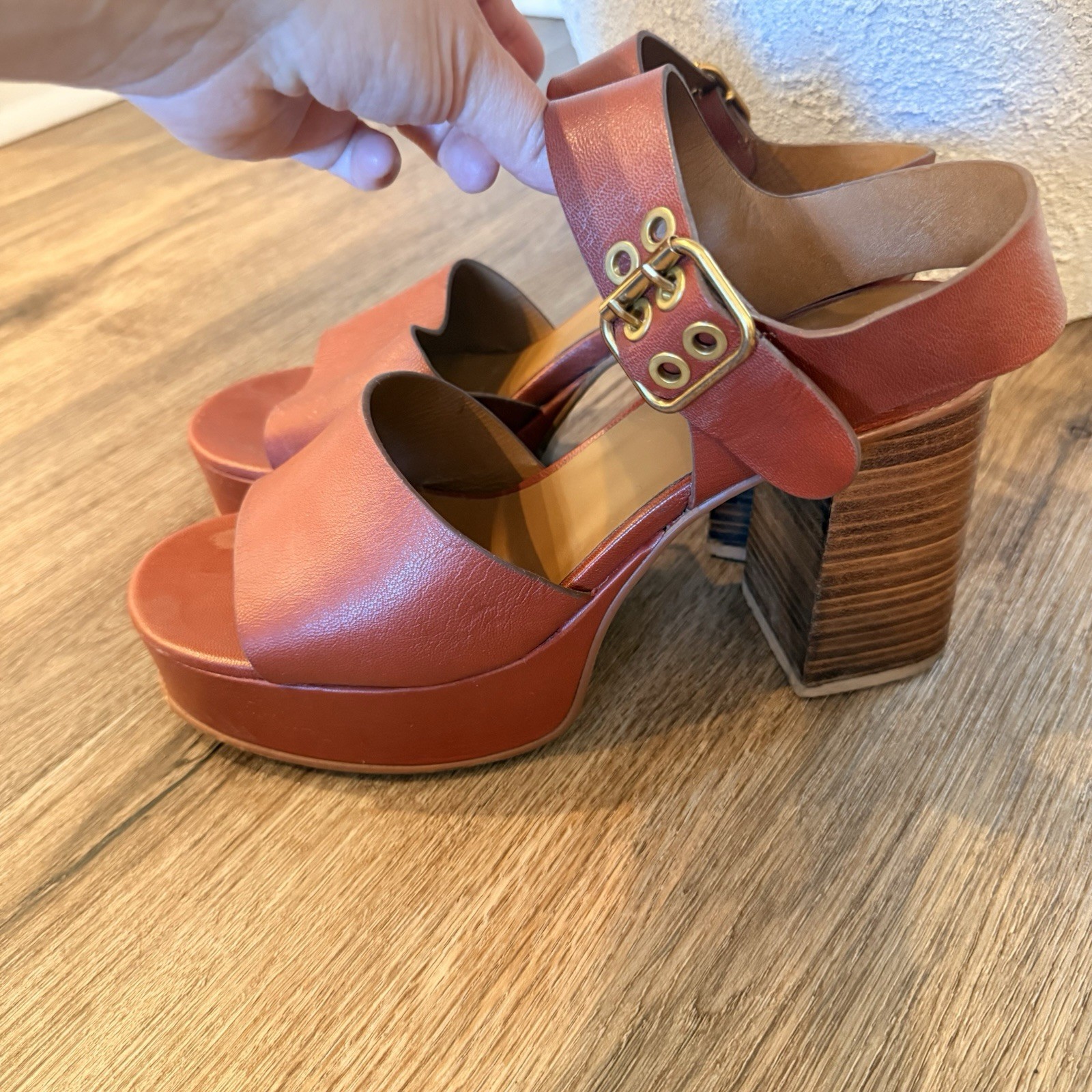 See By Chloe Lexy Leather Platform Strappy Heeled Sandals Brown Gold Size 41