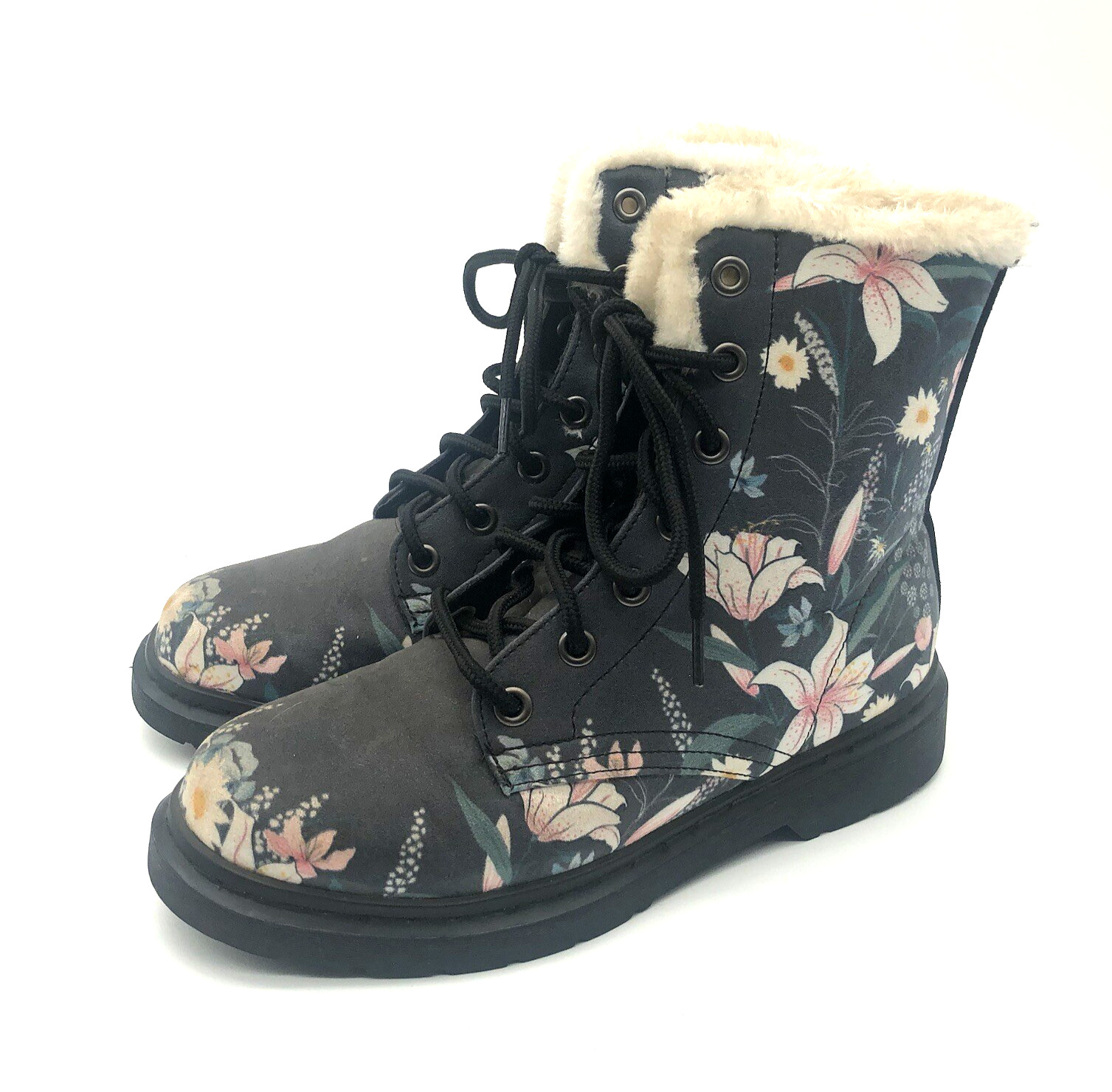 Yes We Vibe Boots Women’s 6.5 Charcoal Gray Lilly Floral Vegan Leather Print