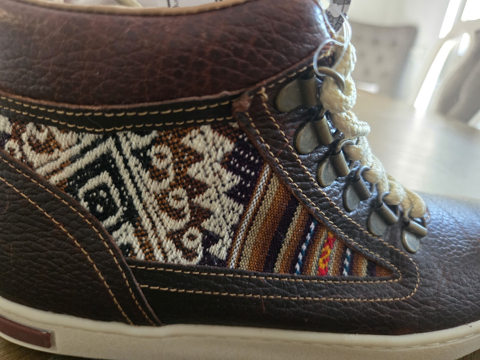 NEW $150 Inkkas Brown Leather Mid Top Geometric Lace Up Sneakers Bohemian Sz9
