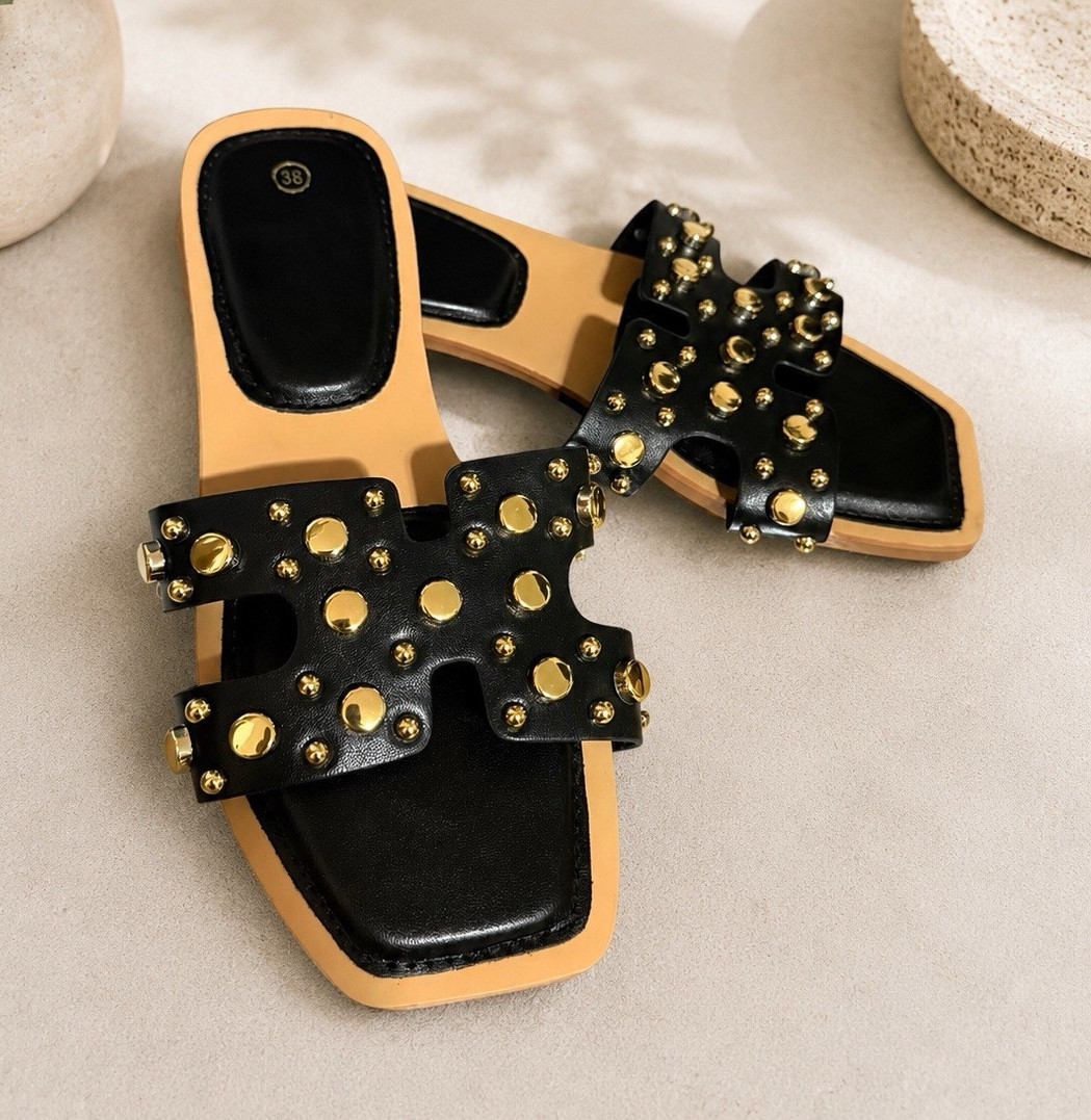 Black Beige Gold Studded Slide Sandals Women Slip-On Straps Solid Size 7
